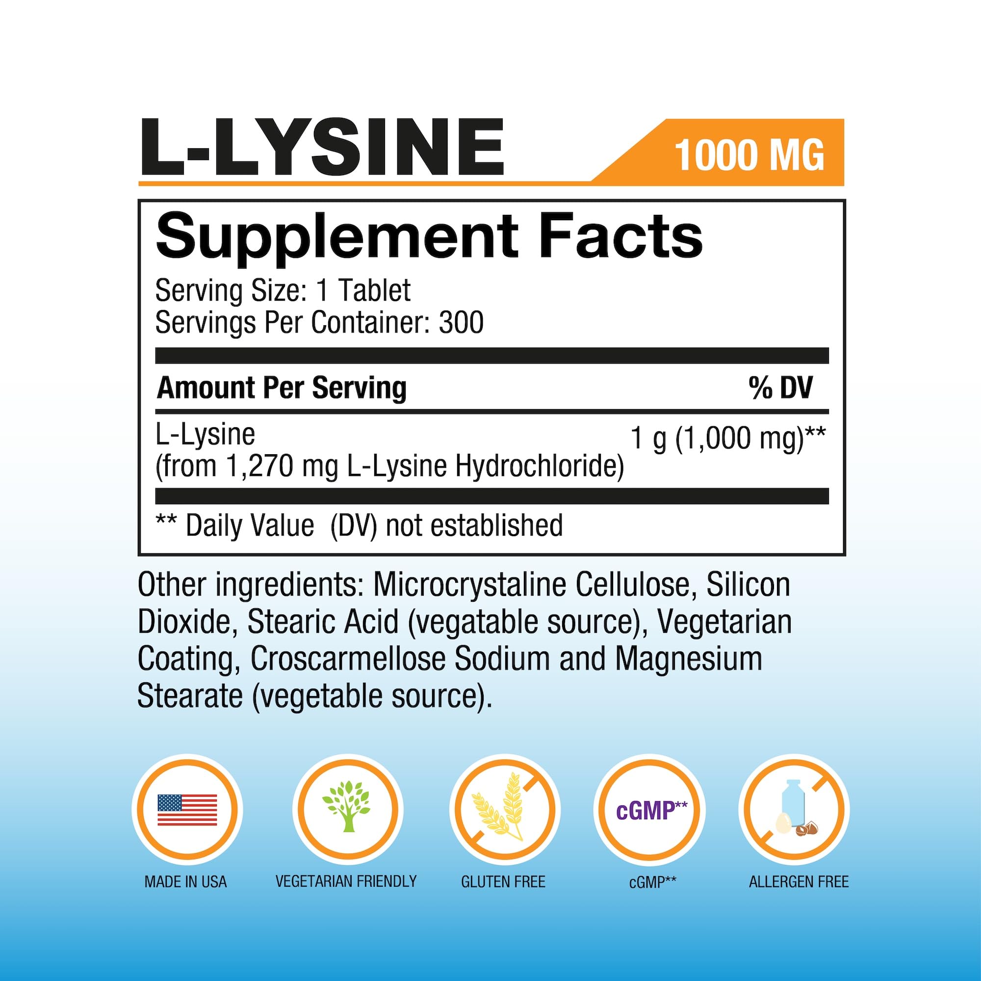 Puregen Labs L-Lysine 1000 mg, détail en gros plan du comprimé pour référence.