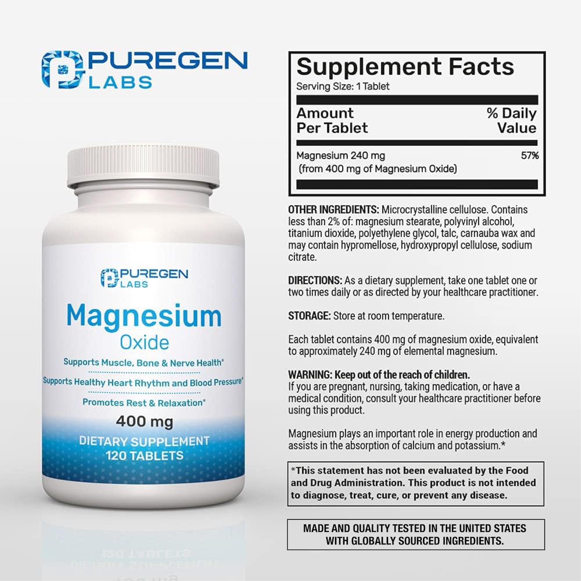 P Puregen Labs magnésium 400 mg bouteille – prise quotidienne simplifiée