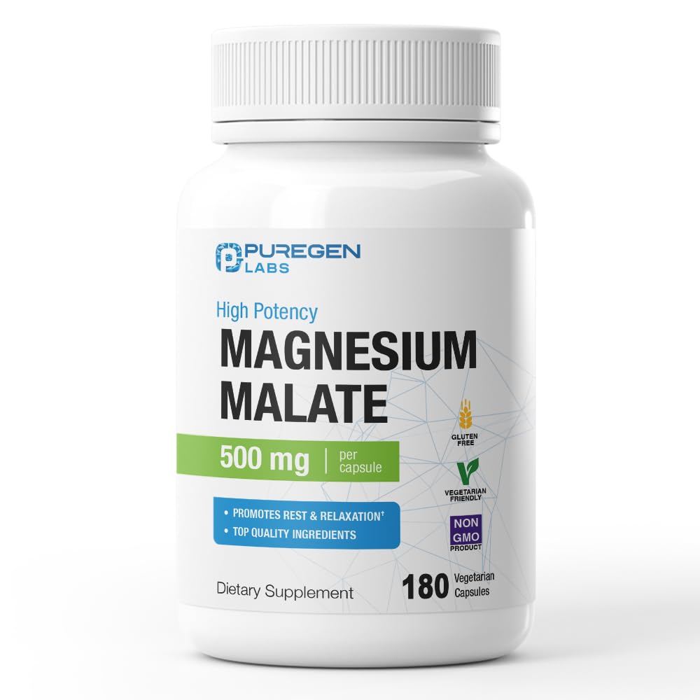 Puregen Labs Magnésium Malate 500 mg, bouteille — soutien quotidien possible.