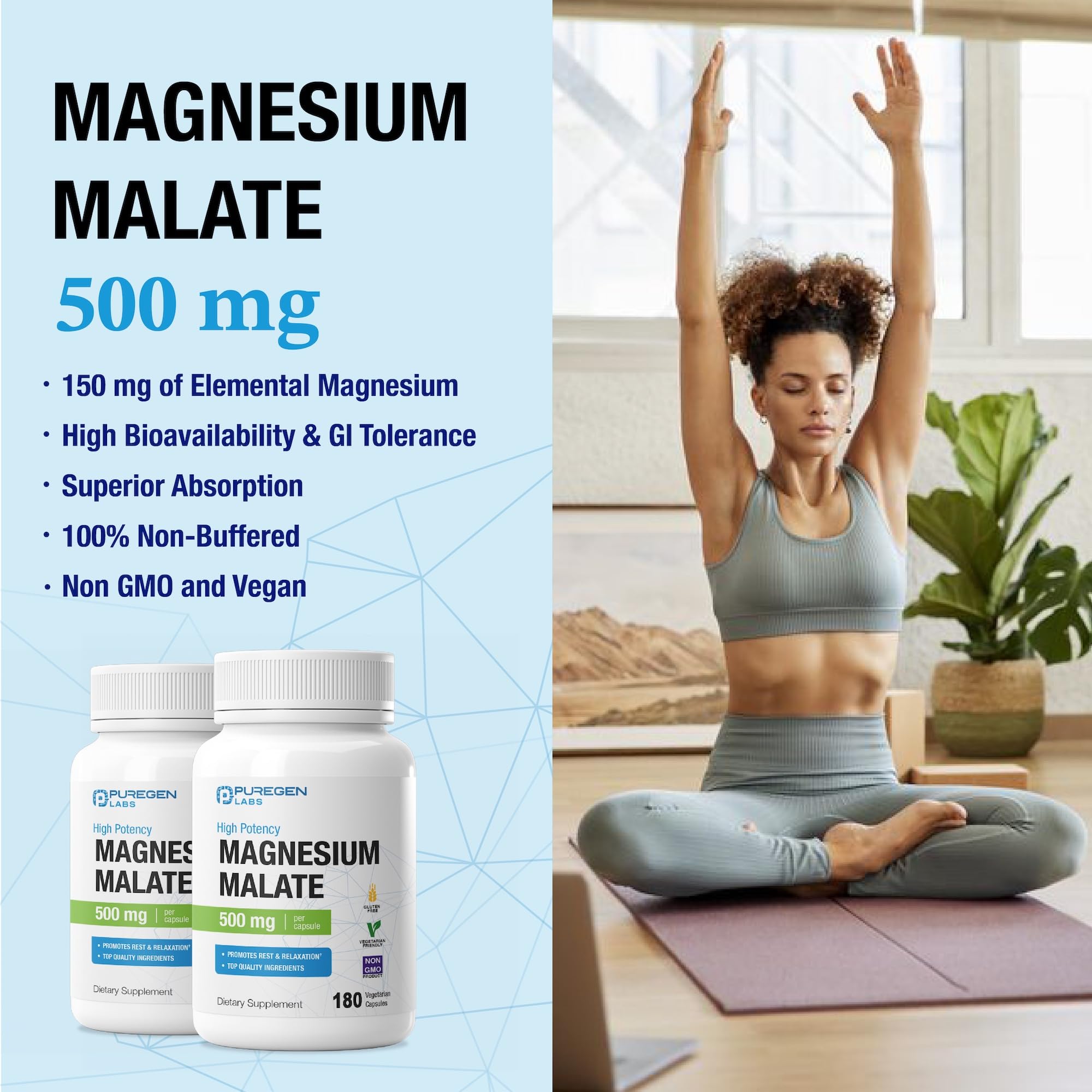 Puregen Labs Magnésium Malate 500 mg, étiquette claire — traçabilité et qualité assurées.