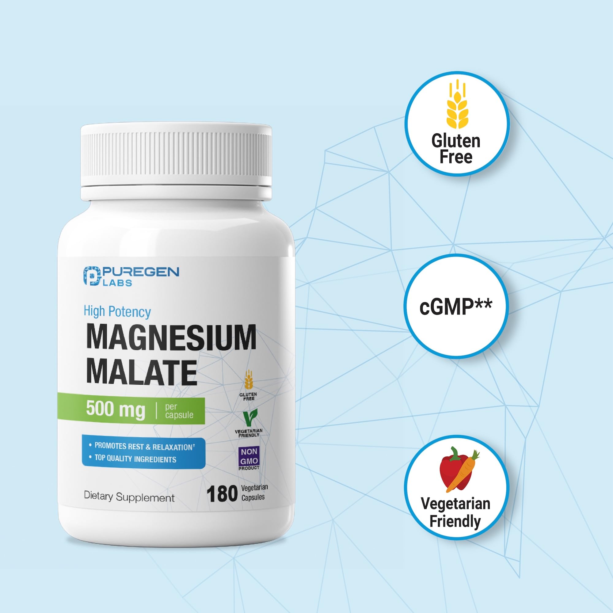 Puregen Labs Magnésium Malate 500 mg, présentation légère — transport facile.