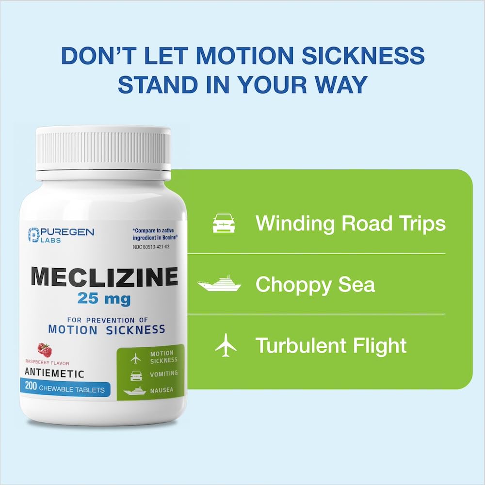Puregen Labs Meclizine 25 mg — arôme framboise, comprimés faciles à mâcher.