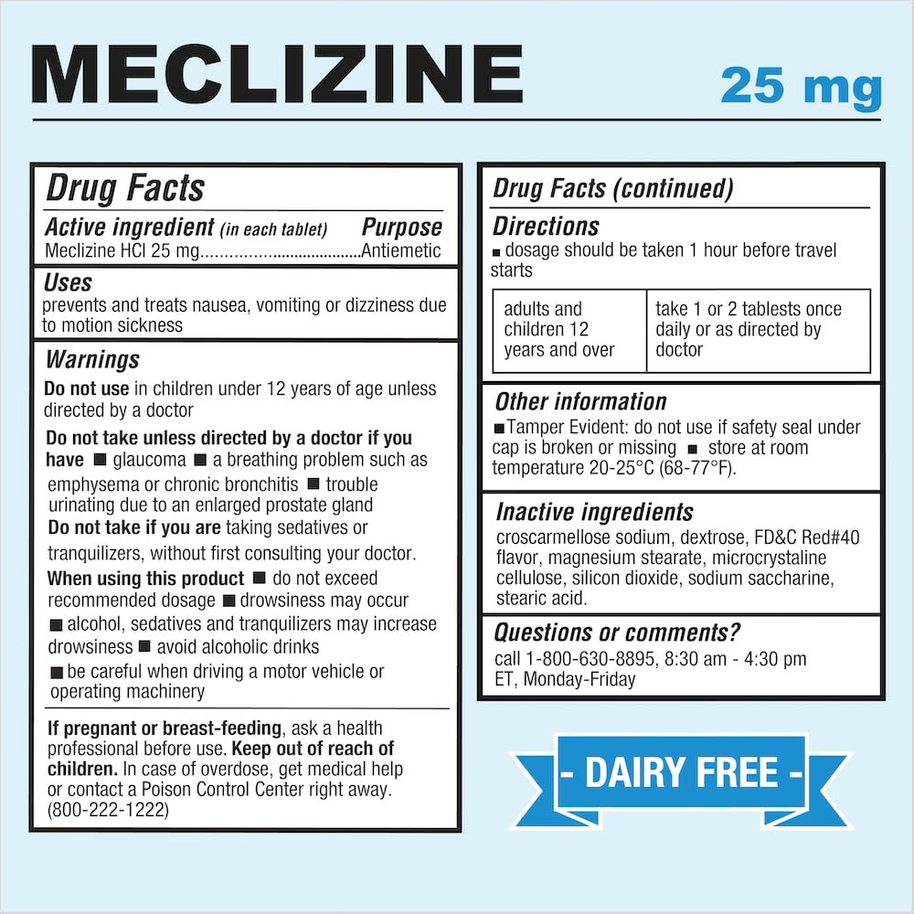 Puregen Labs Meclizine 25 mg — comprimés avant trajet framboise, goût agréable.