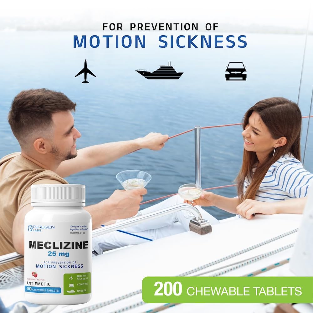 Puregen Labs Meclizine 25 mg — action rapide lors des déplacements.
