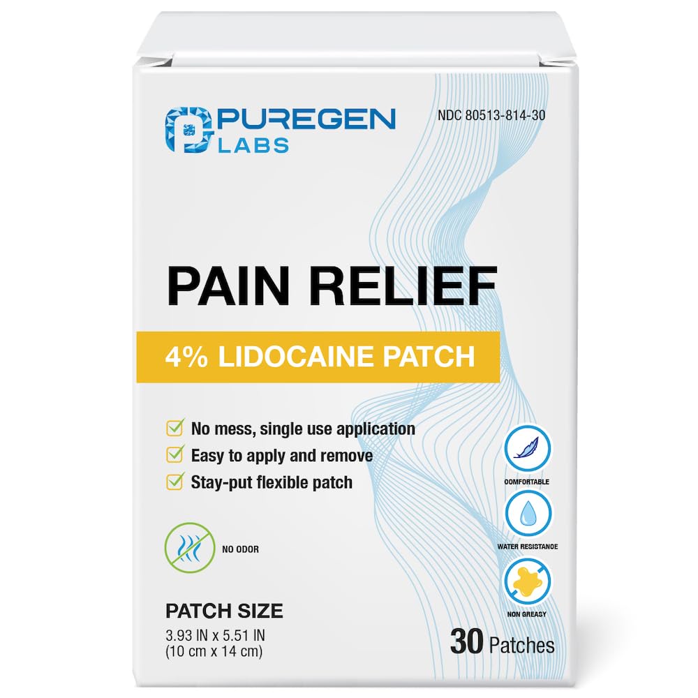Puregen Labs Patch lidocaïne 4% pour le dos, soulagement local rapide.
