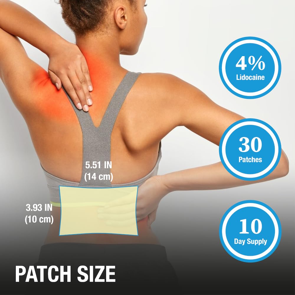 Puregen Labs Patch lidocaïne 4% pour l'épaule, confort rapide.