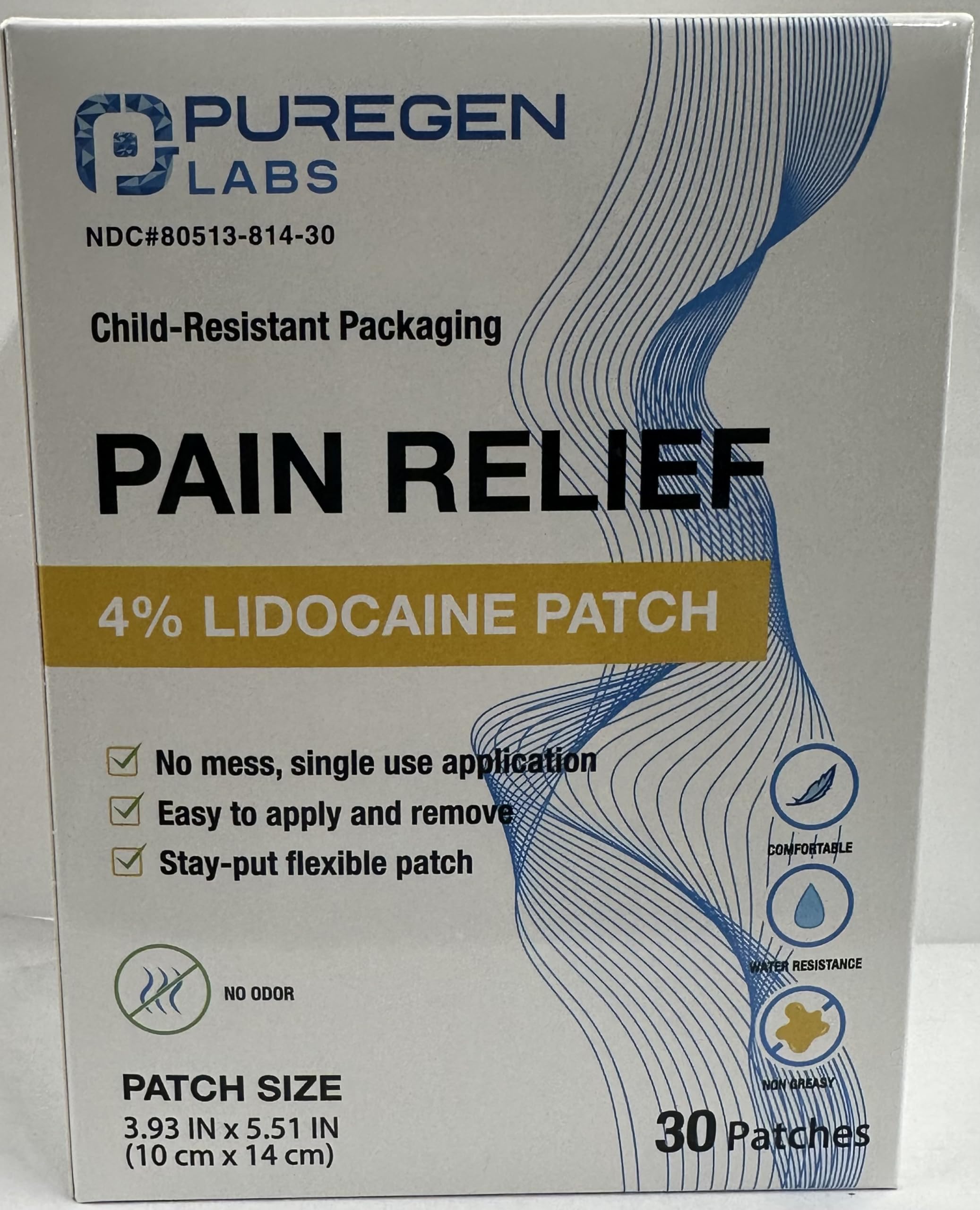 Puregen Labs Patch lidocaïne 4% pour la hanche, confort lors des mouvements.