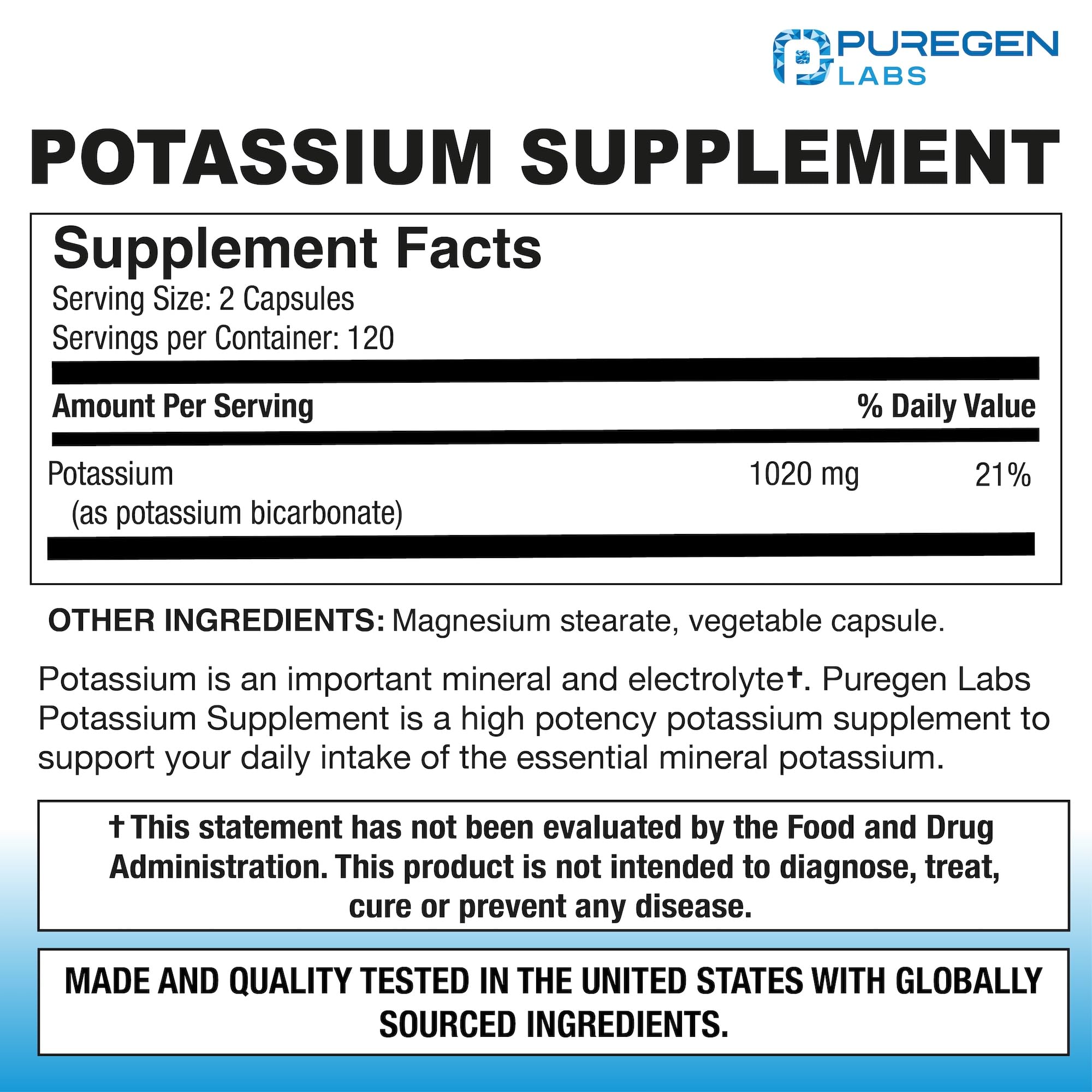 Capsules végétariennes Puregen Labs Potassium Bicarbonate de 1020 mg, ingestion facile.