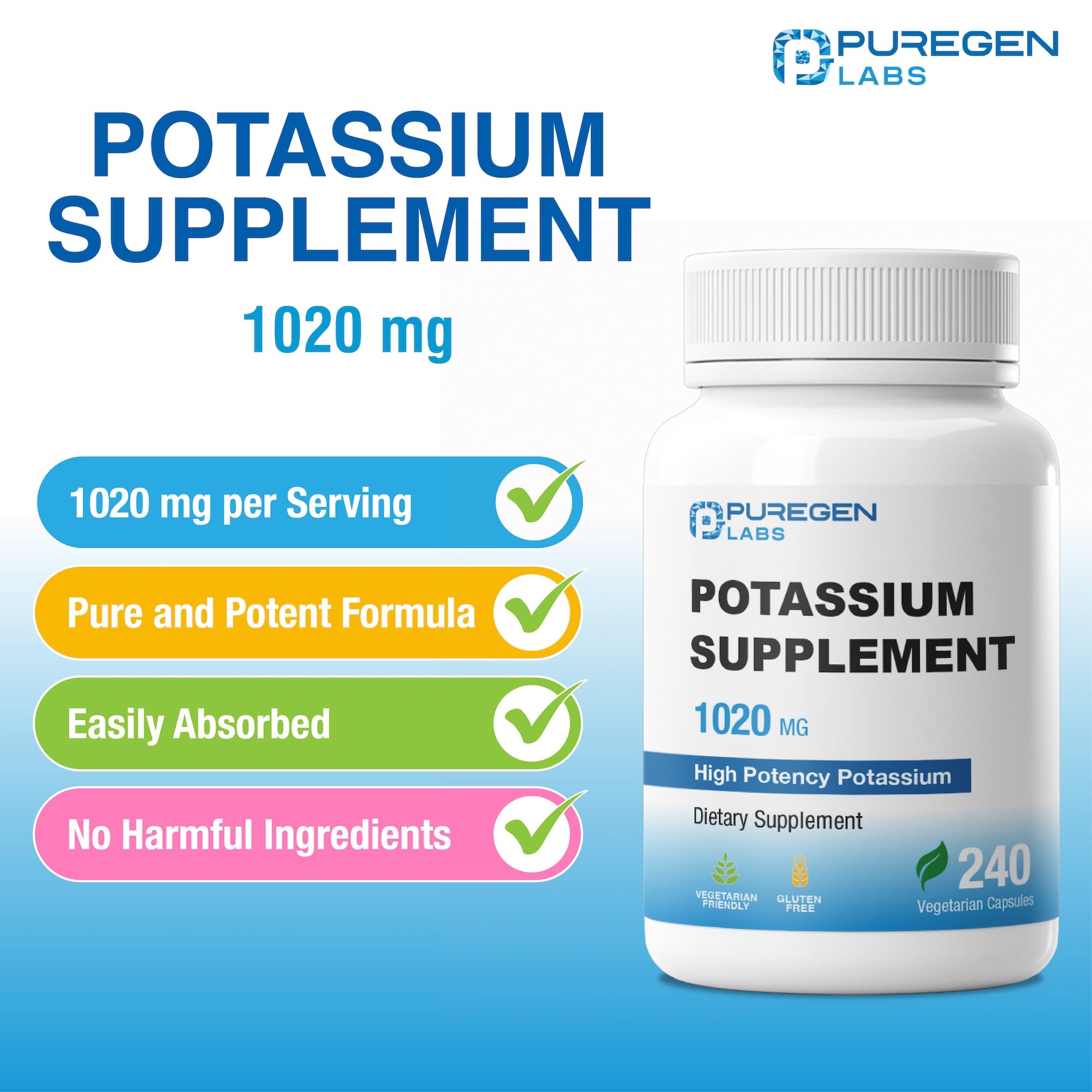 Étiquette Puregen Labs Potassium Bicarbonate indiquant sans GMO et qualité.