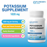 Étiquette Puregen Labs Potassium Bicarbonate indiquant sans GMO et qualité.