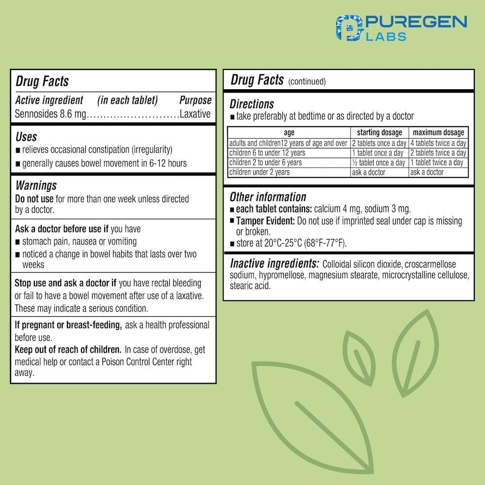 Étiquettes et emballage Puregen Labs Senna, informations claires pour l'utilisateur.