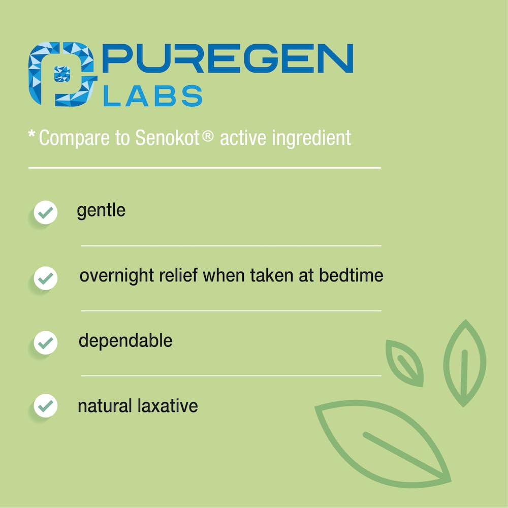 Tablettes Senna Puregen en gros plan montrant la forme et la couleur naturelle.