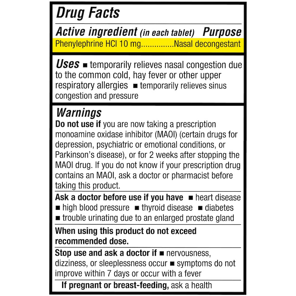 Puregen Labs tablettes phenylephrine-hcl 10 mg dans blister, action ciblée sur nez bouché.