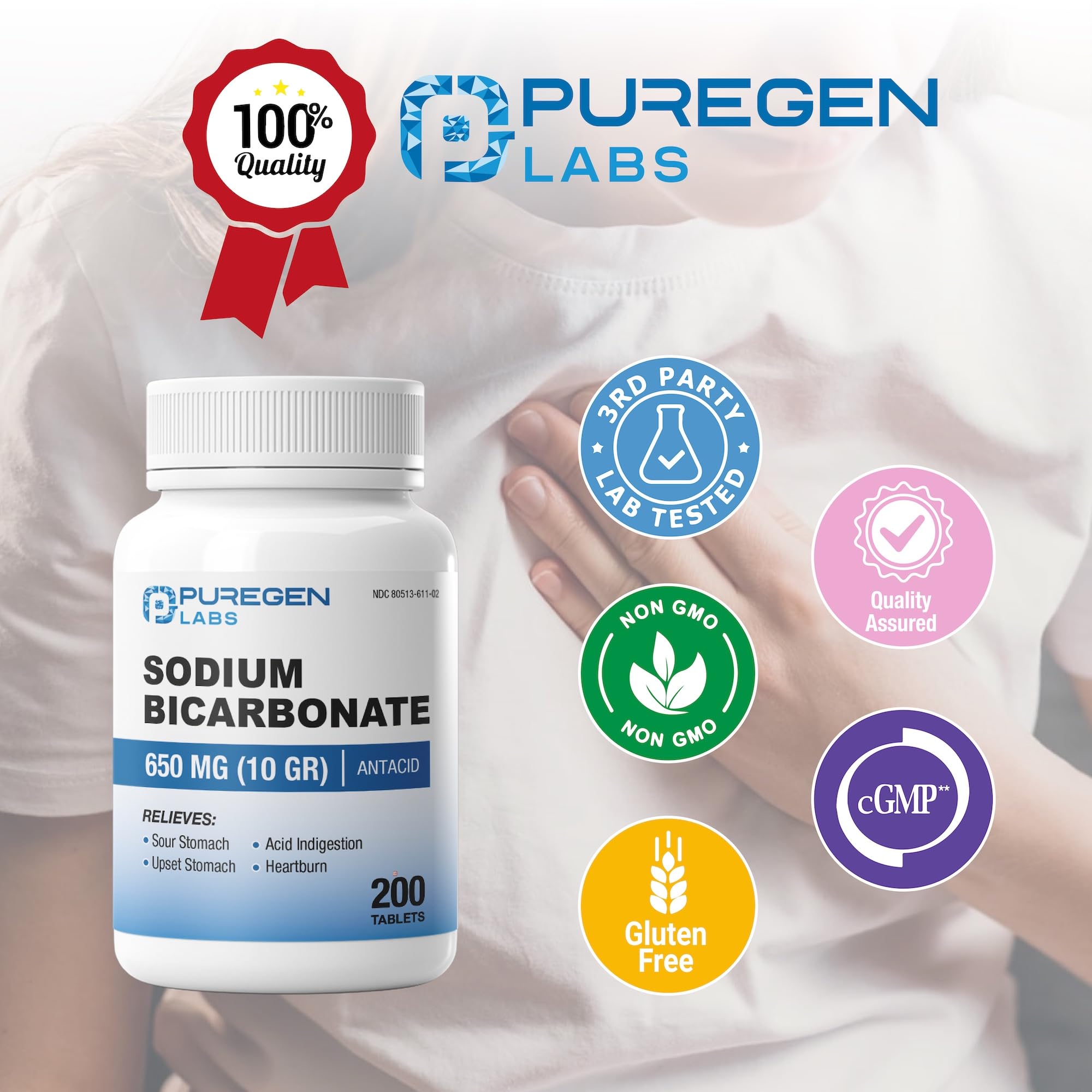 Utilisation rapide des tablettes Puregen Labs pour soulagement des inconforts digestifs.