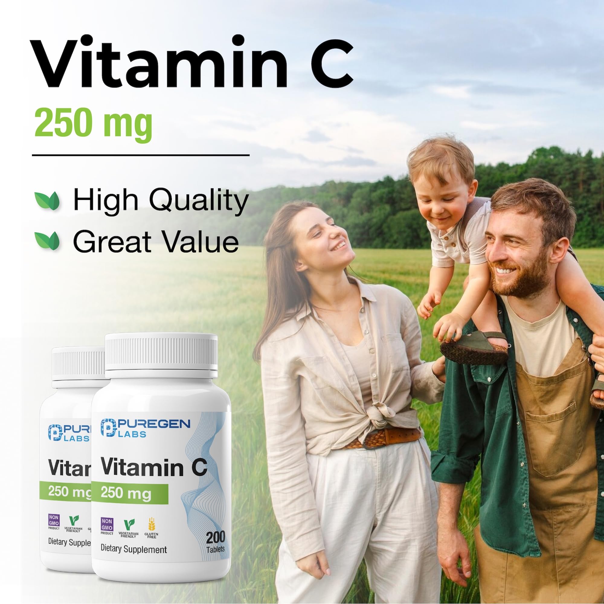 Puregen Labs Vitamine C 250 mg – emballage clair sans gluten