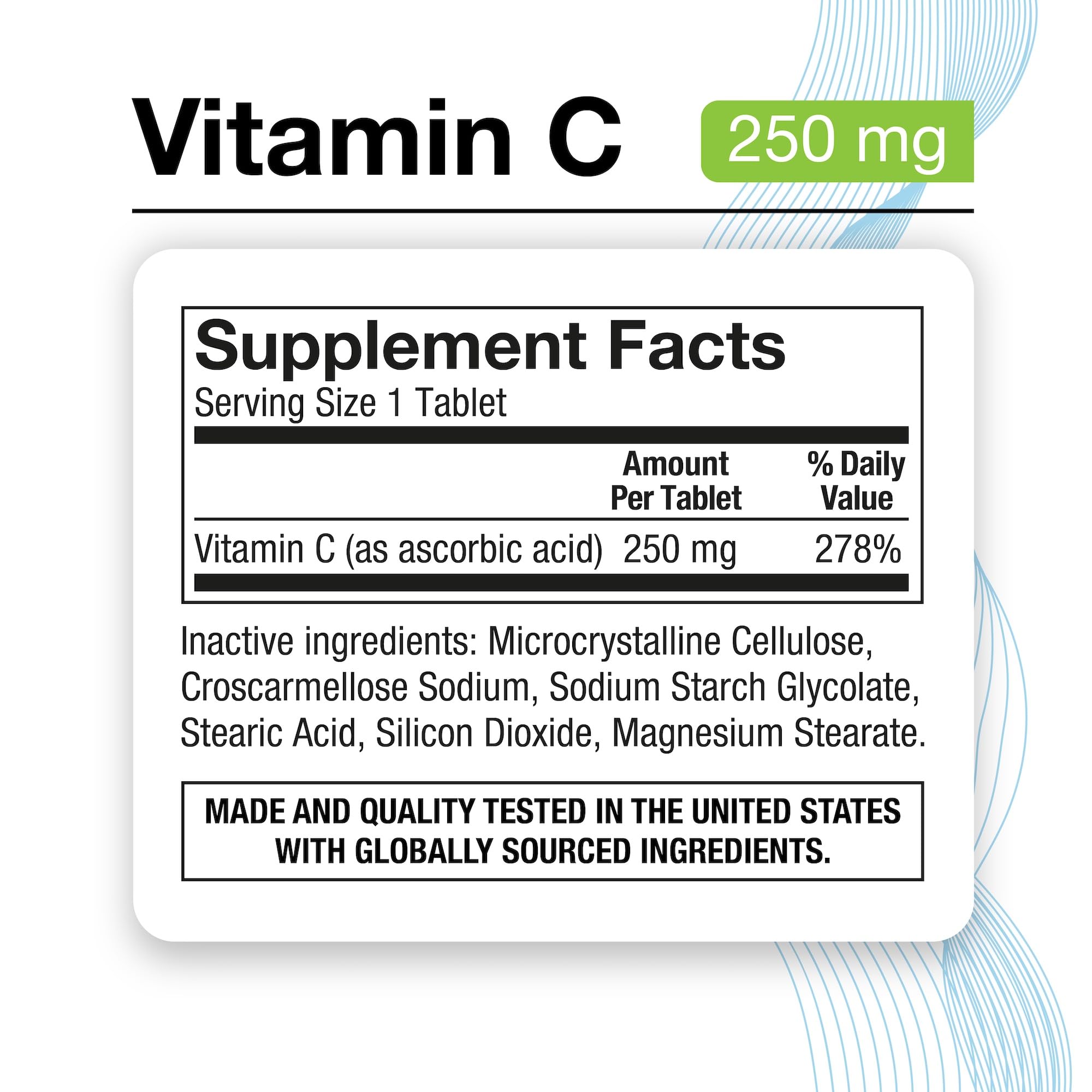 Puregen Labs Vitamine C 250 mg – étiquette révélant ingrédients et origine