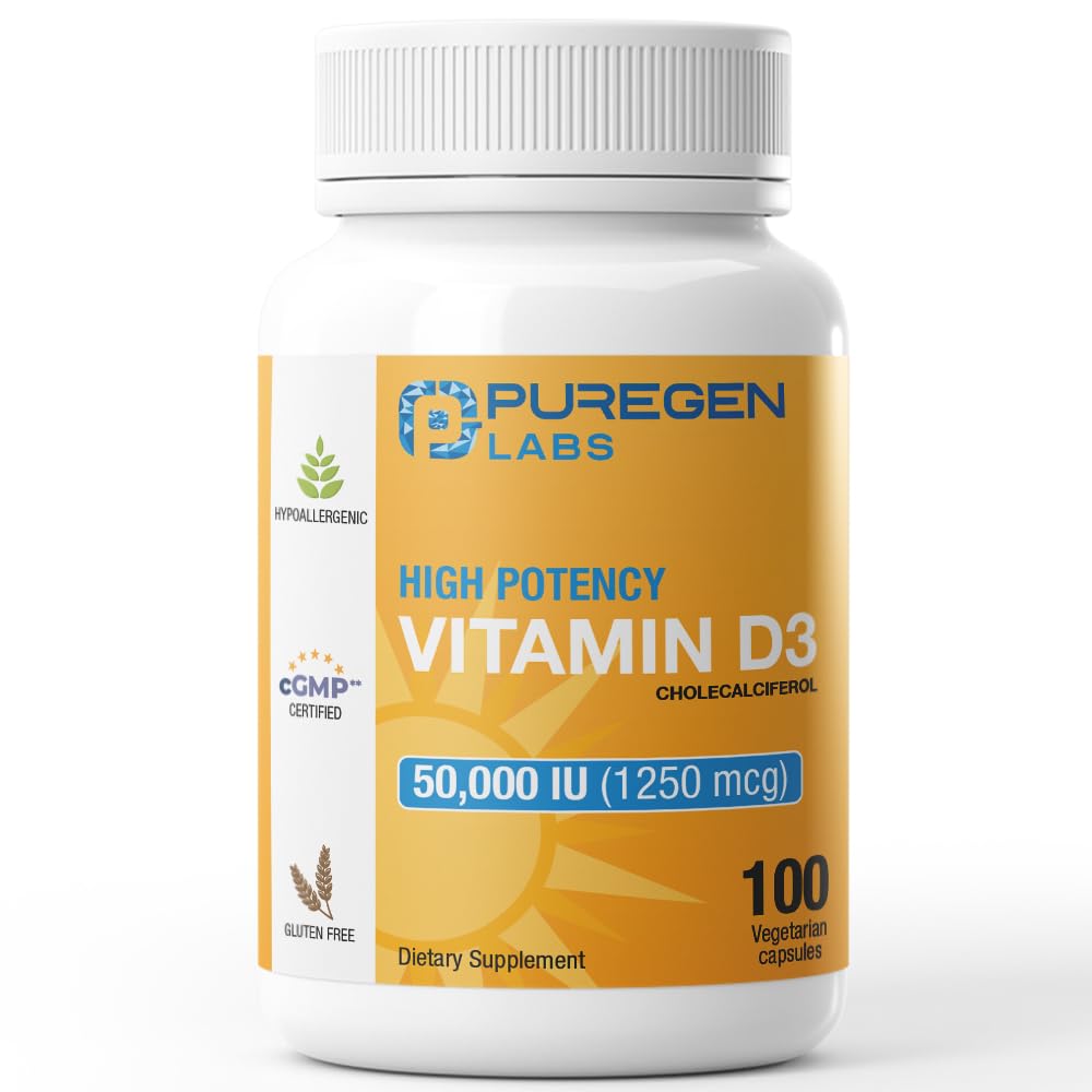 Puregen Labs Vitamine D3 - bouteille 100 capsules, soutien potentiel des muscles.