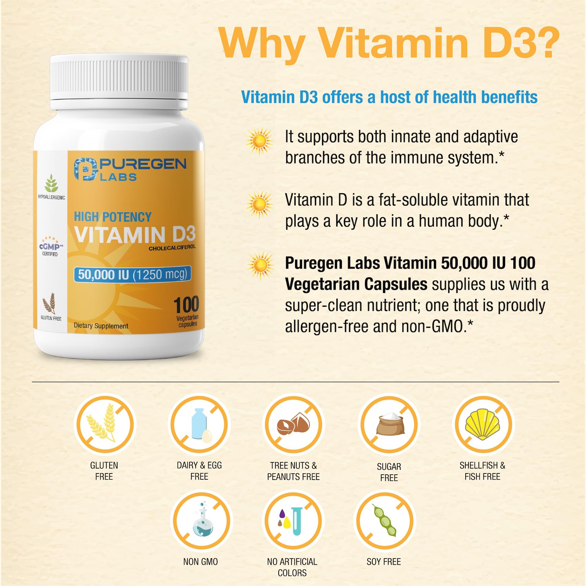 Puregen Labs Vitamine D3 - capsule en gros plan, facilité d'ingestion.