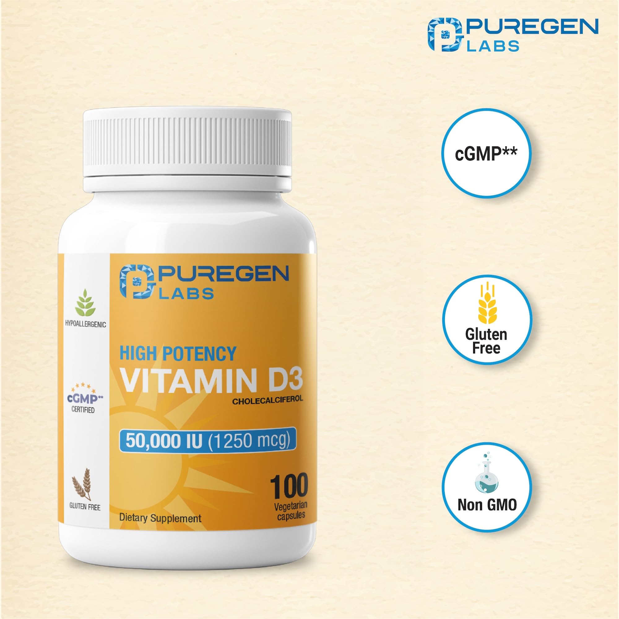 Puregen Labs Vitamine D3 - capsules végétales, soutien osseux potentiel.