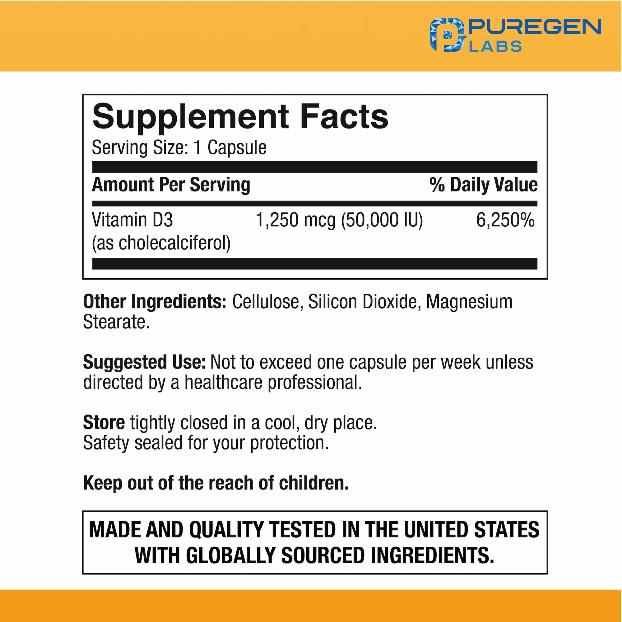 Puregen Labs Vitamine D3 - etiquette bouteille, soutien immunitaire potentiel.