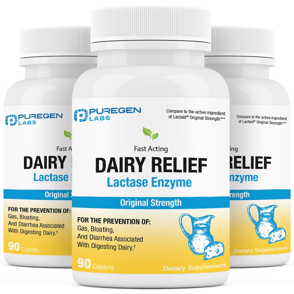 Puregen Labs Lactase – bouteille de pilules, usage pratique après les repas riches en lactose.