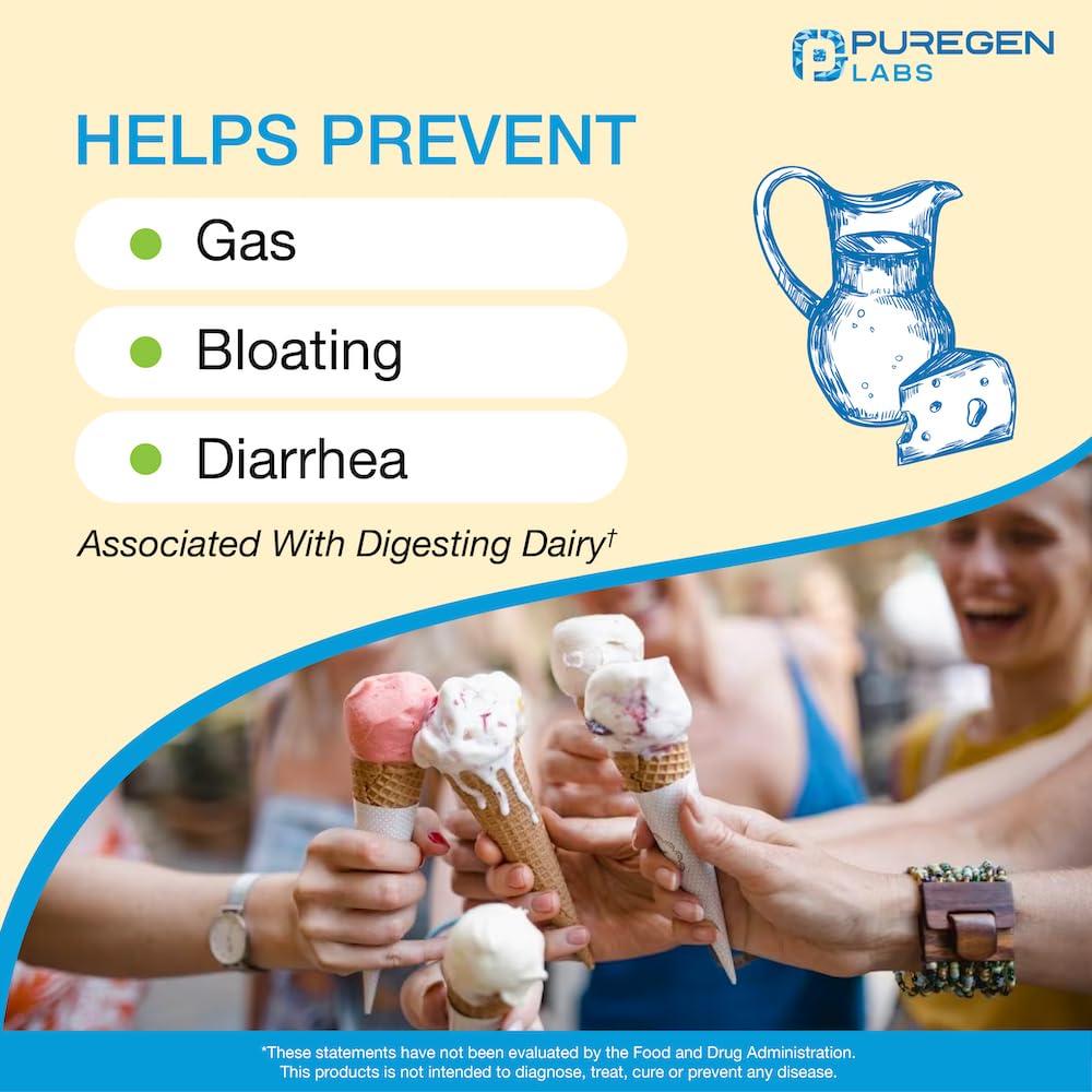 Puregen Labs Lactase – étiquette claire avec mode d’emploi et dosage.
