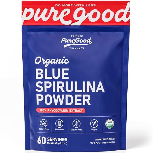 PureGood Poudre Spiruline Bleue en bocal, couleur intense pour smoothies.