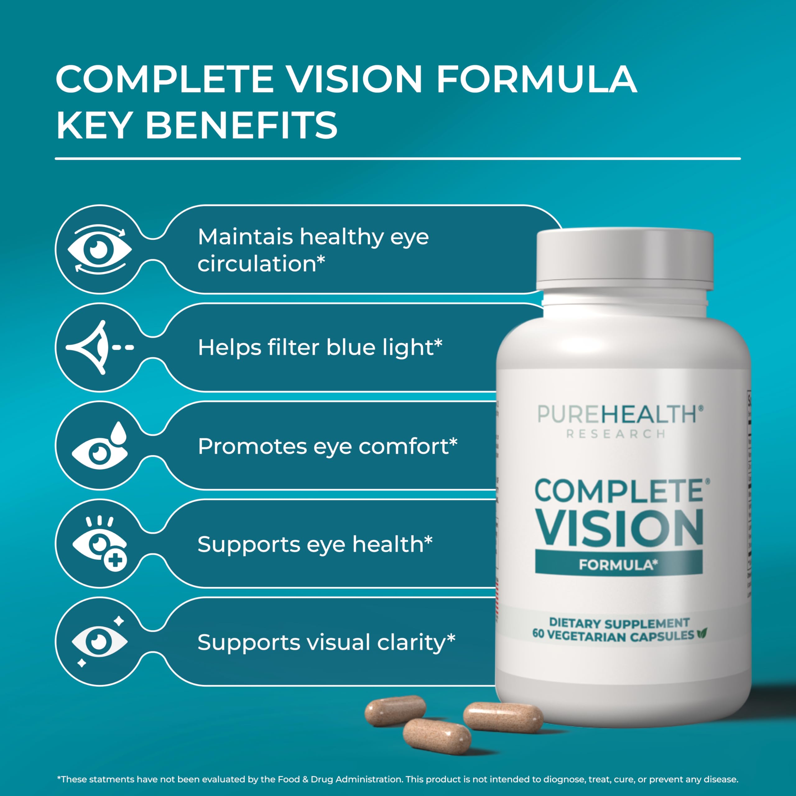 PUREHEALTH RESEARCH Formule Vision Complète – capsules faciles à avaler et riches en lutéine et zéaxanthine.