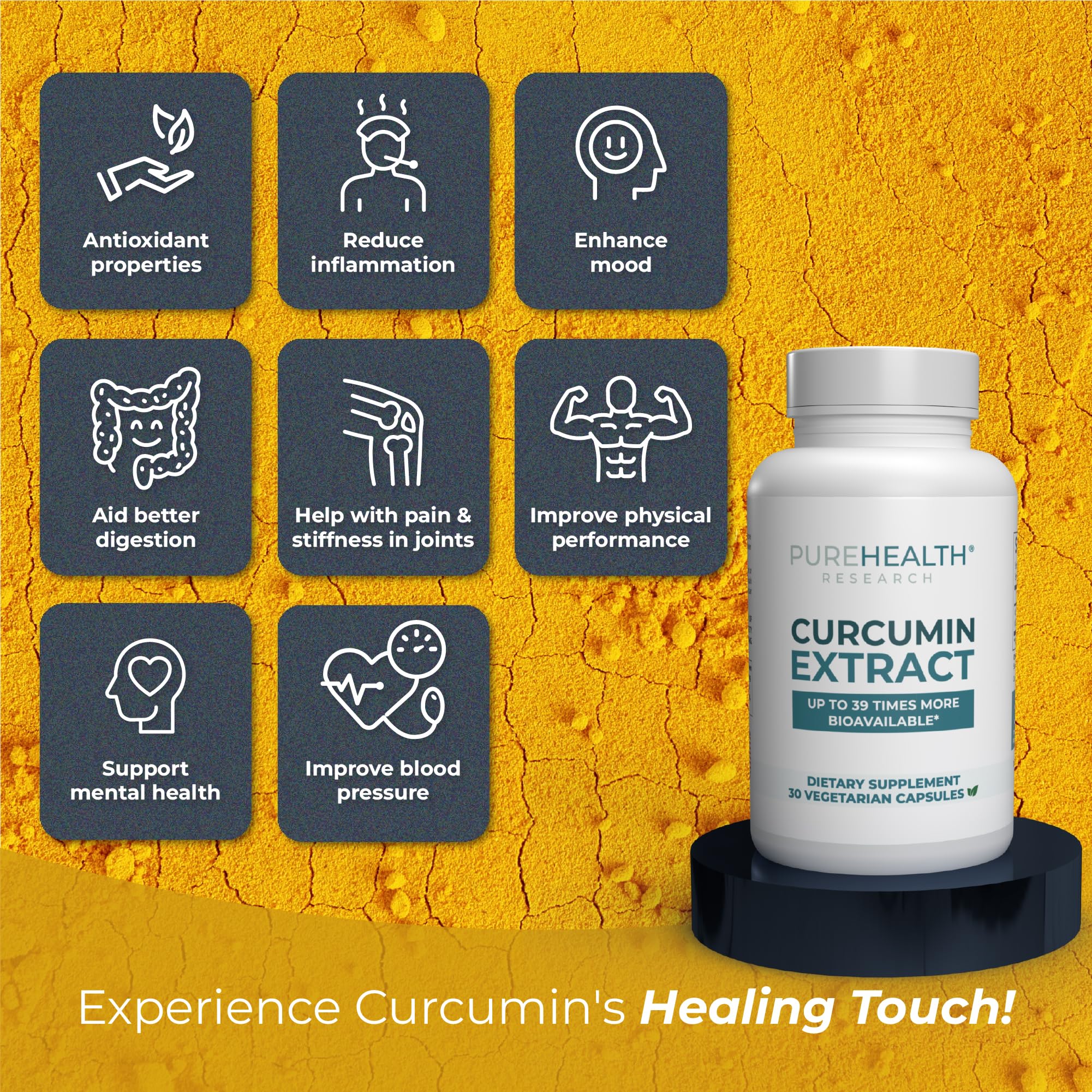 PureHealth Research Extrait Curcumine – ingrédients vegan et sans gluten, qualité certifiée.
