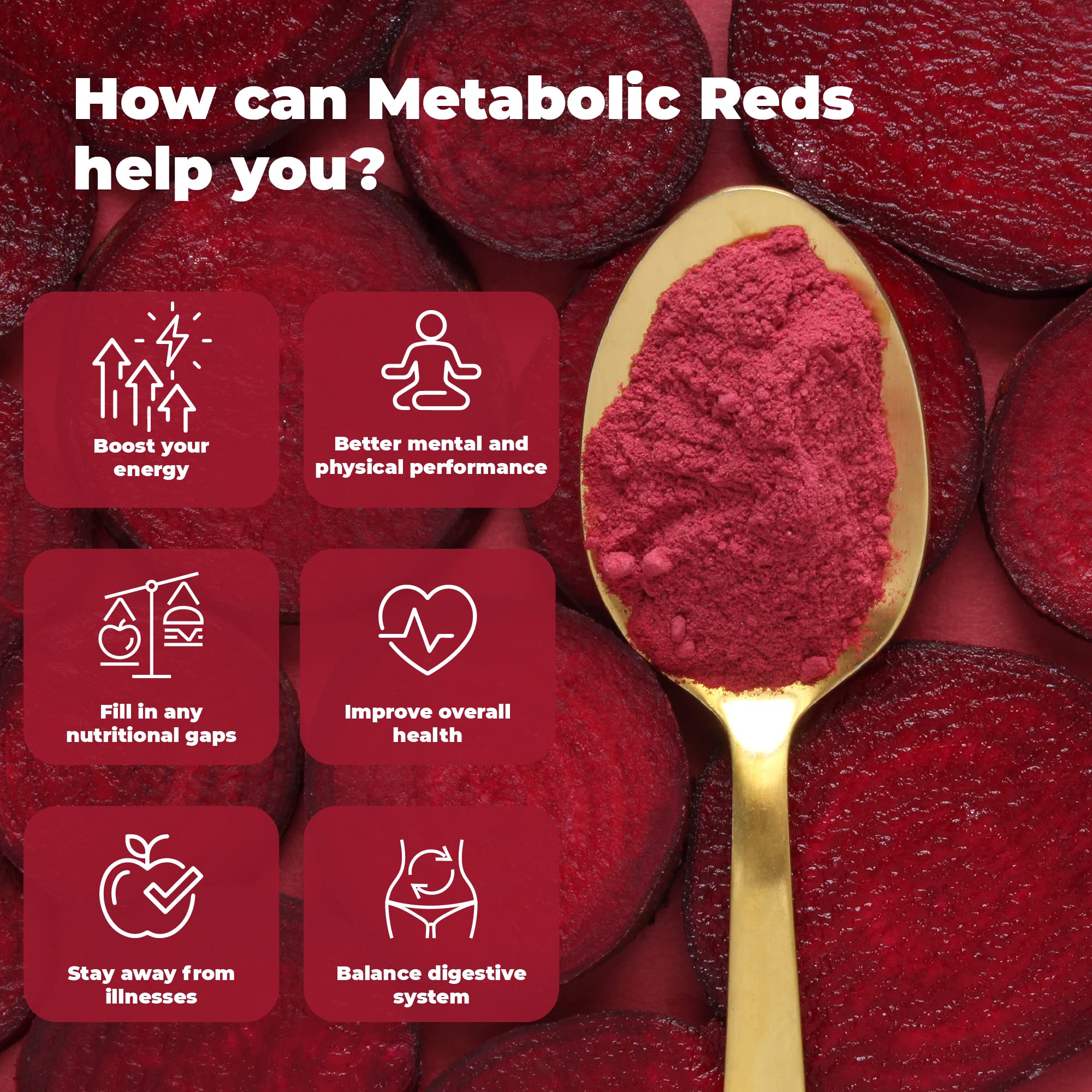PureHealth Research Poudre Reds – betterave et fruits, couleur vive et énergie subtile.