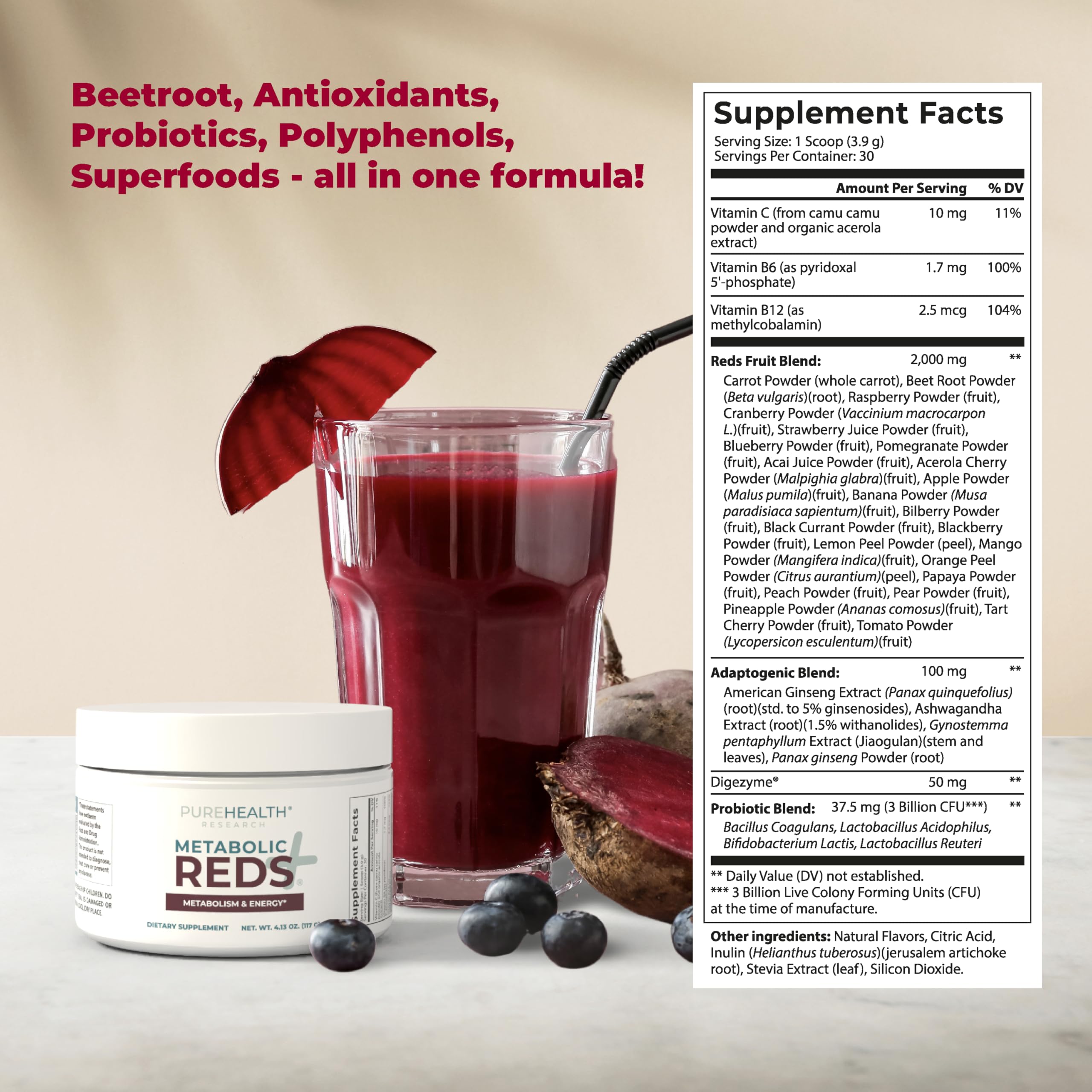 PureHealth Research Poudre Reds – goût fruité, facile à intégrer dans un smoothie.