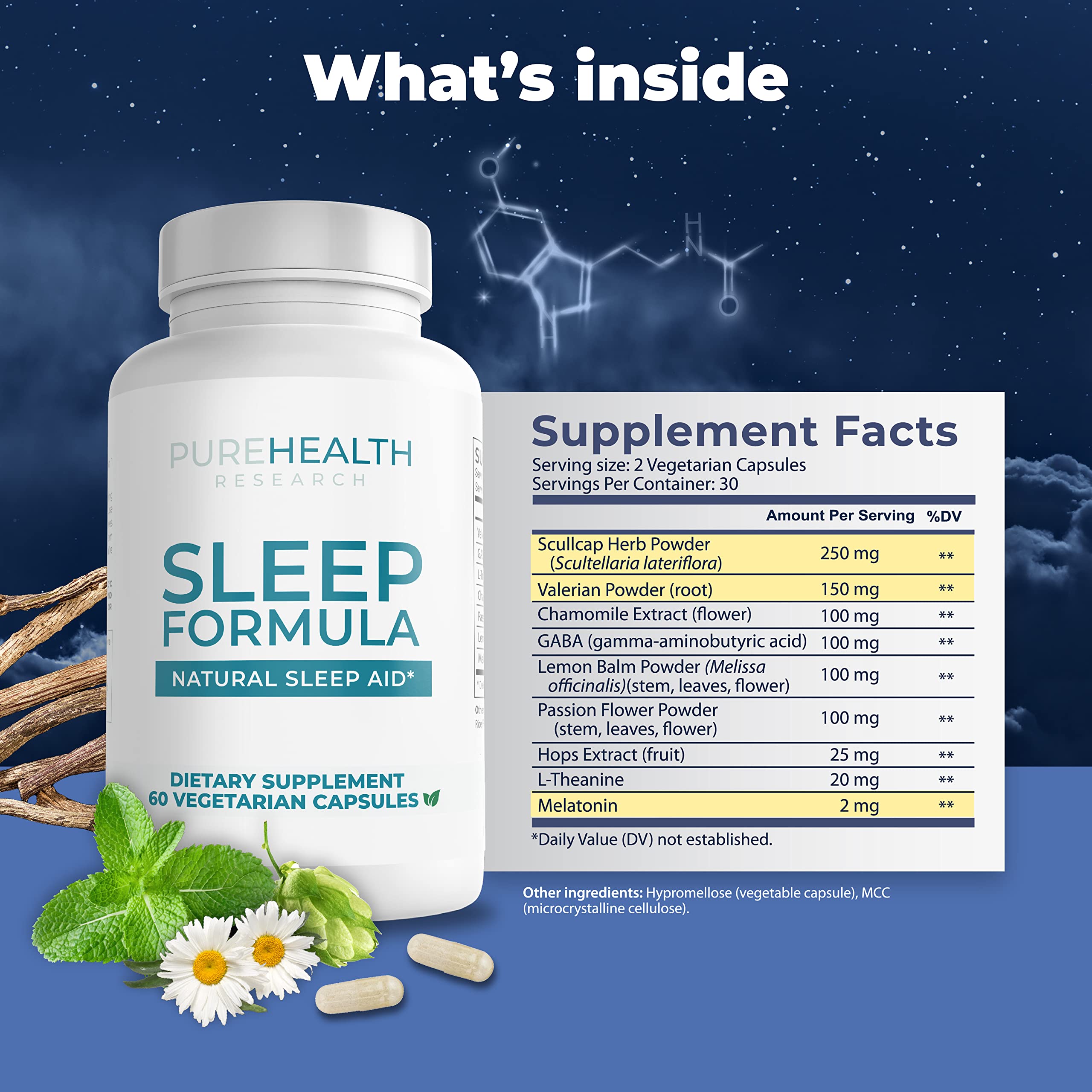 Formule Sommeil PUREHEALTH RESEARCH, etiquette – ingrédients clés expliqués clairement