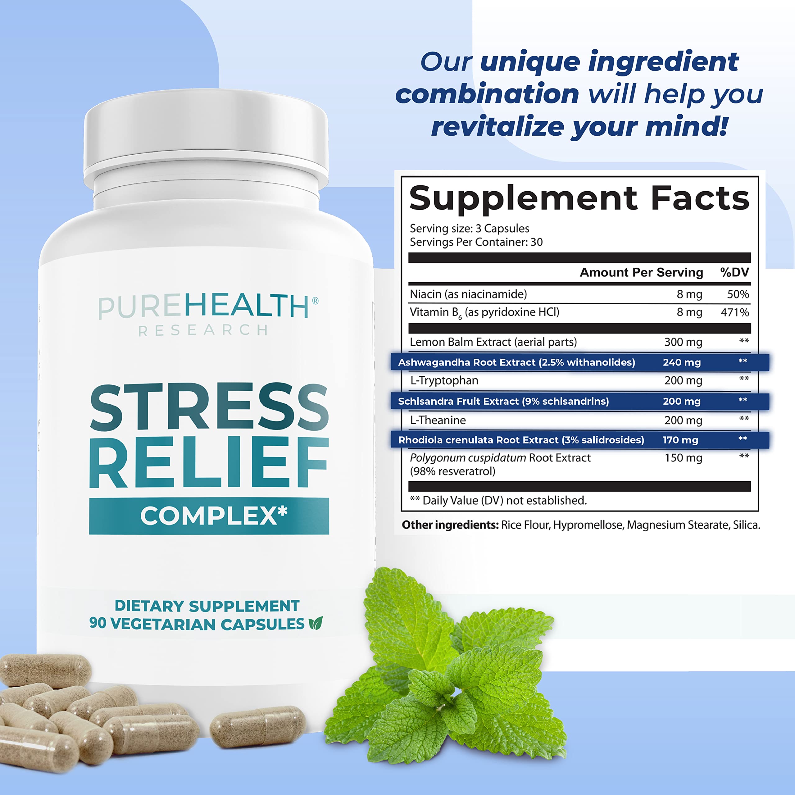 Stress Release Complex de PUREHEALTH RESEARCH – cadre de bien‑être domestique sur table de nuit ou bureau.