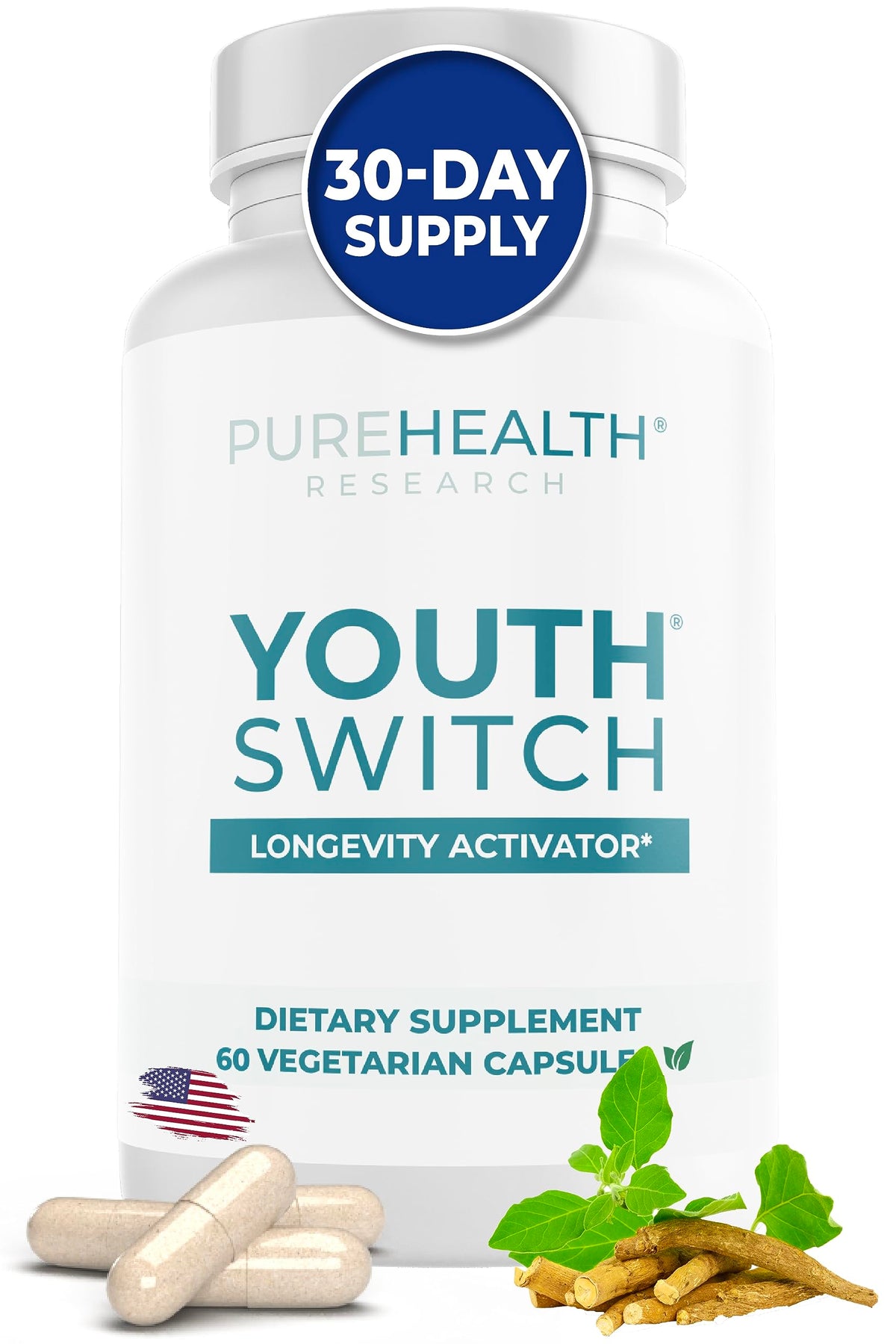 Youth Switch: bouteille PUREHEALTH RESEARCH prête pour une routine quotidienne.