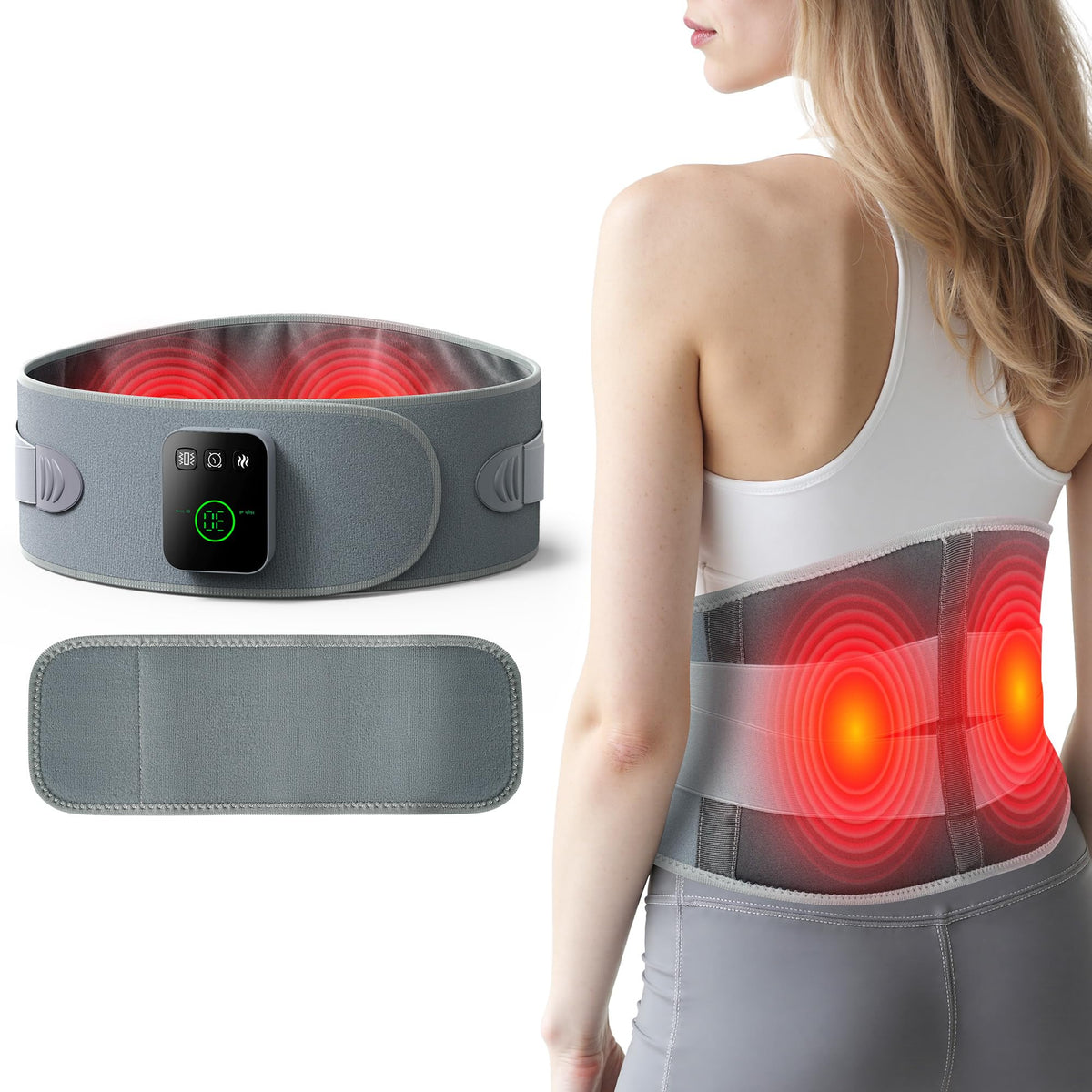 Purella coussin thermique sans-fil avec massage et chaleur, soulage tension lombaire et fatigue musculaire.