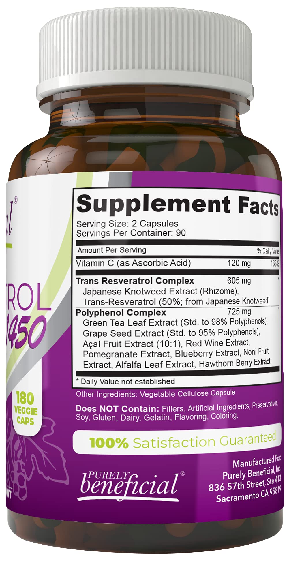 PURELY beneficial RESVERATROL1450 capsules faciles a avaler pour une routine quotidienne pratique