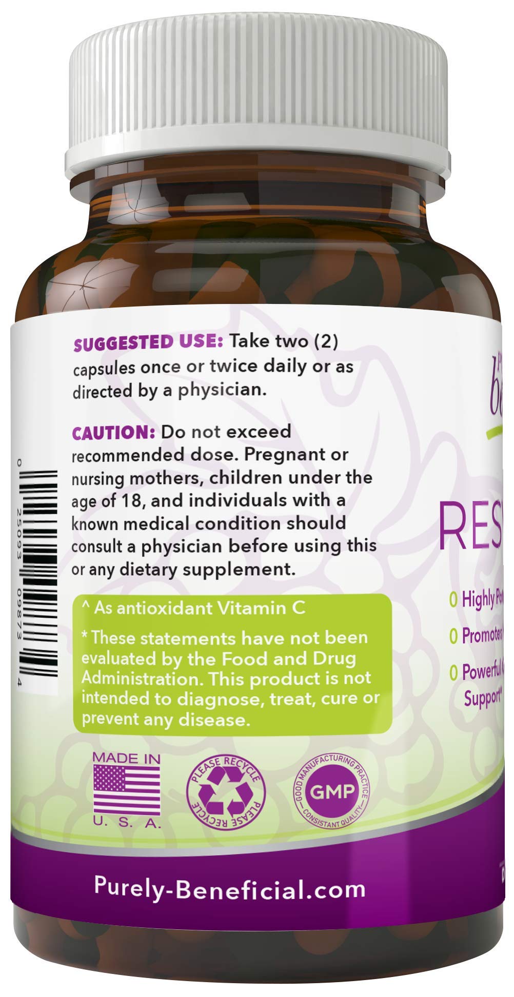 PURELY beneficial RESVERATROL1450 composants naturels mis en avant sur l emballage