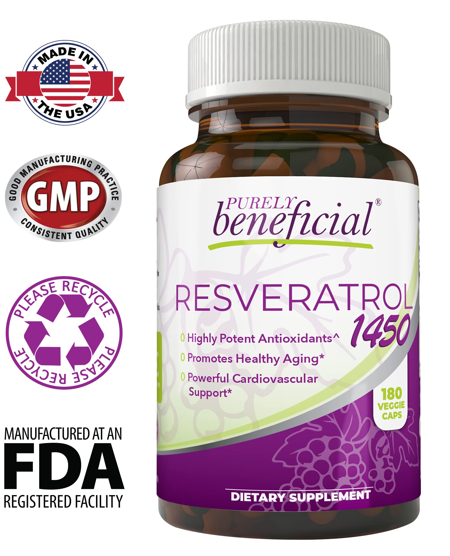PURELY beneficial RESVERATROL1450 etiquette nutritionnelle claire pour les antioxydants