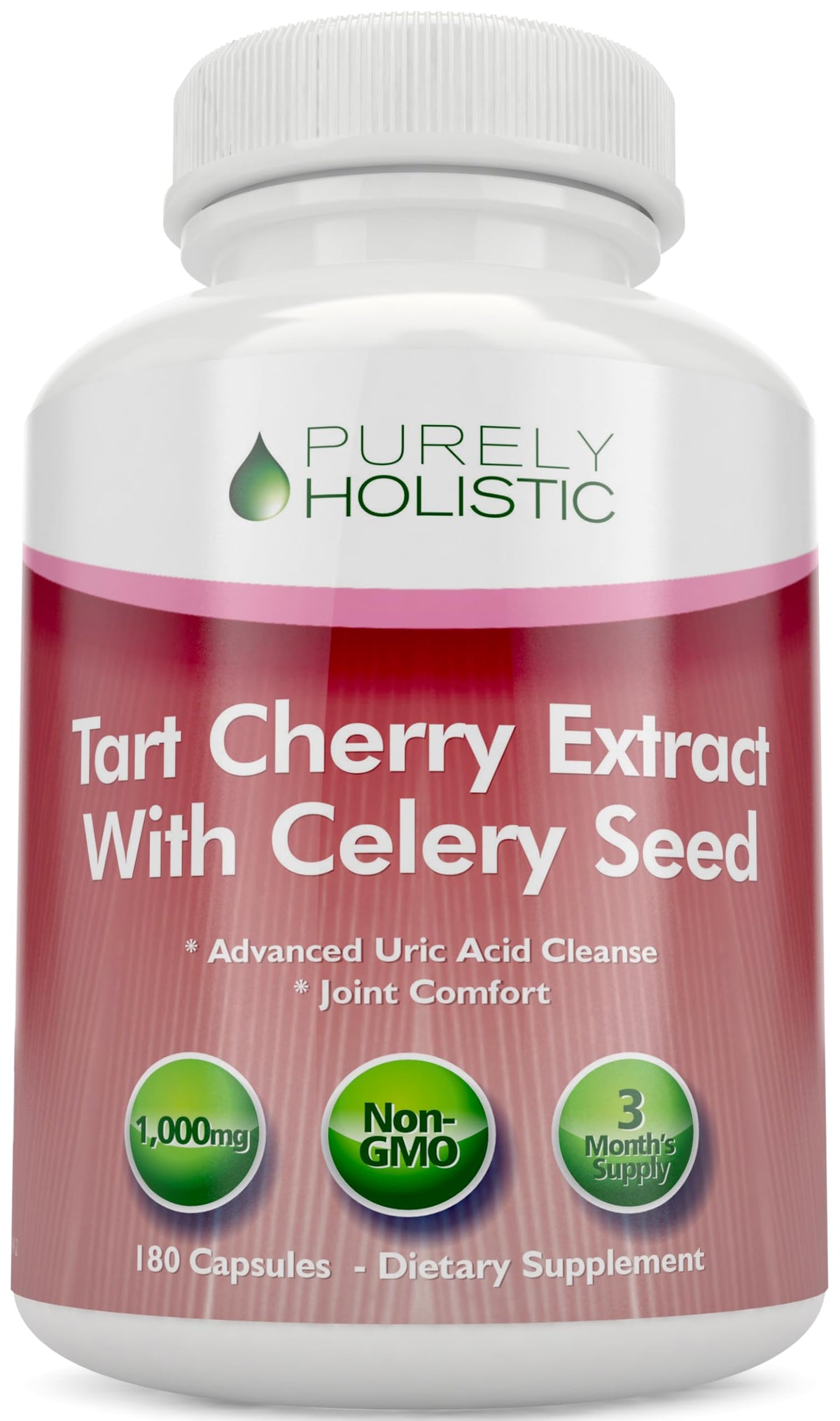 Capsules Purely Holistic Cerise Aigre dans bouteille, pratique pour routine quotidienne sans sucre.