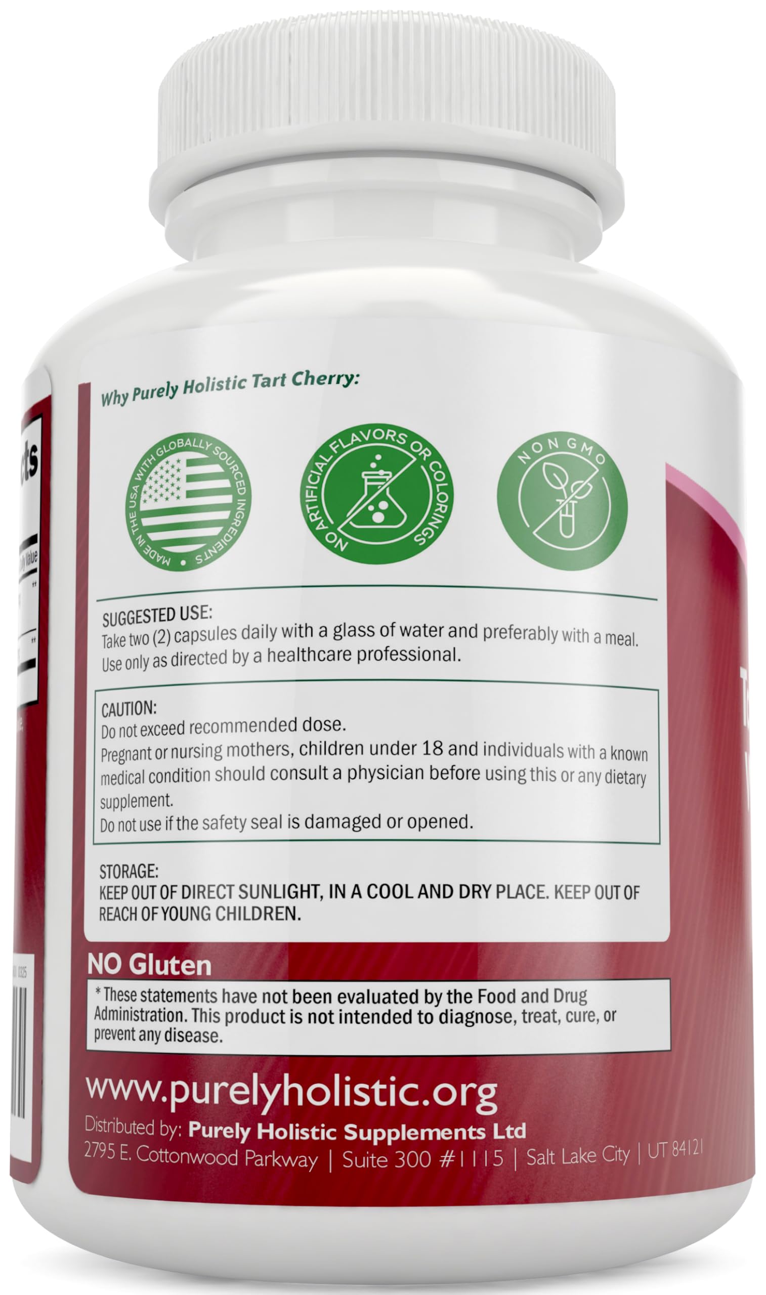 Étiquette Purely Holistic Cerise Aigre montrant la formule 2-en-1 cerise et céleri.