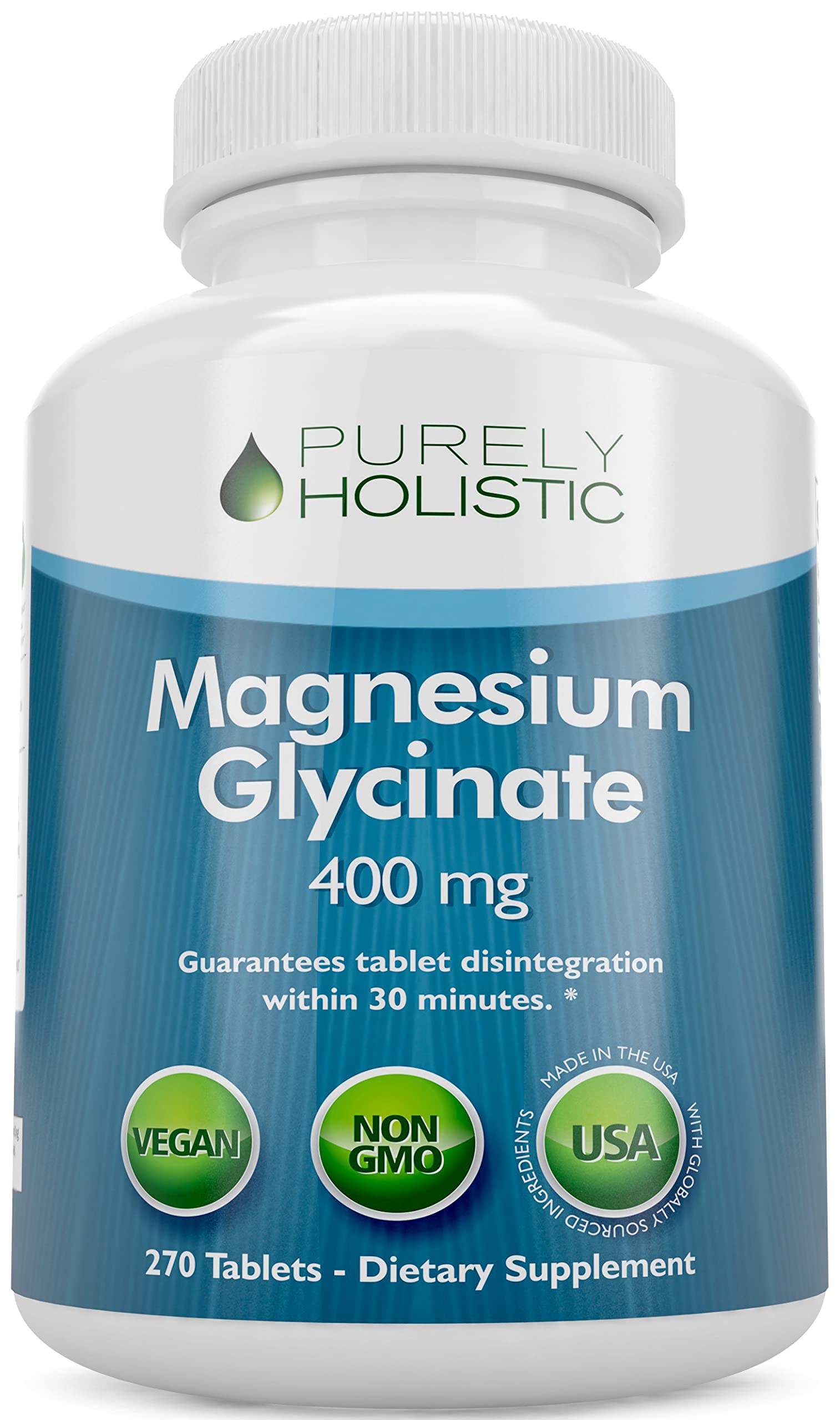 Purely Holistic Magnésium Glycinate 400 mg, bouteille de tablettes – soutien potentiel au sommeil