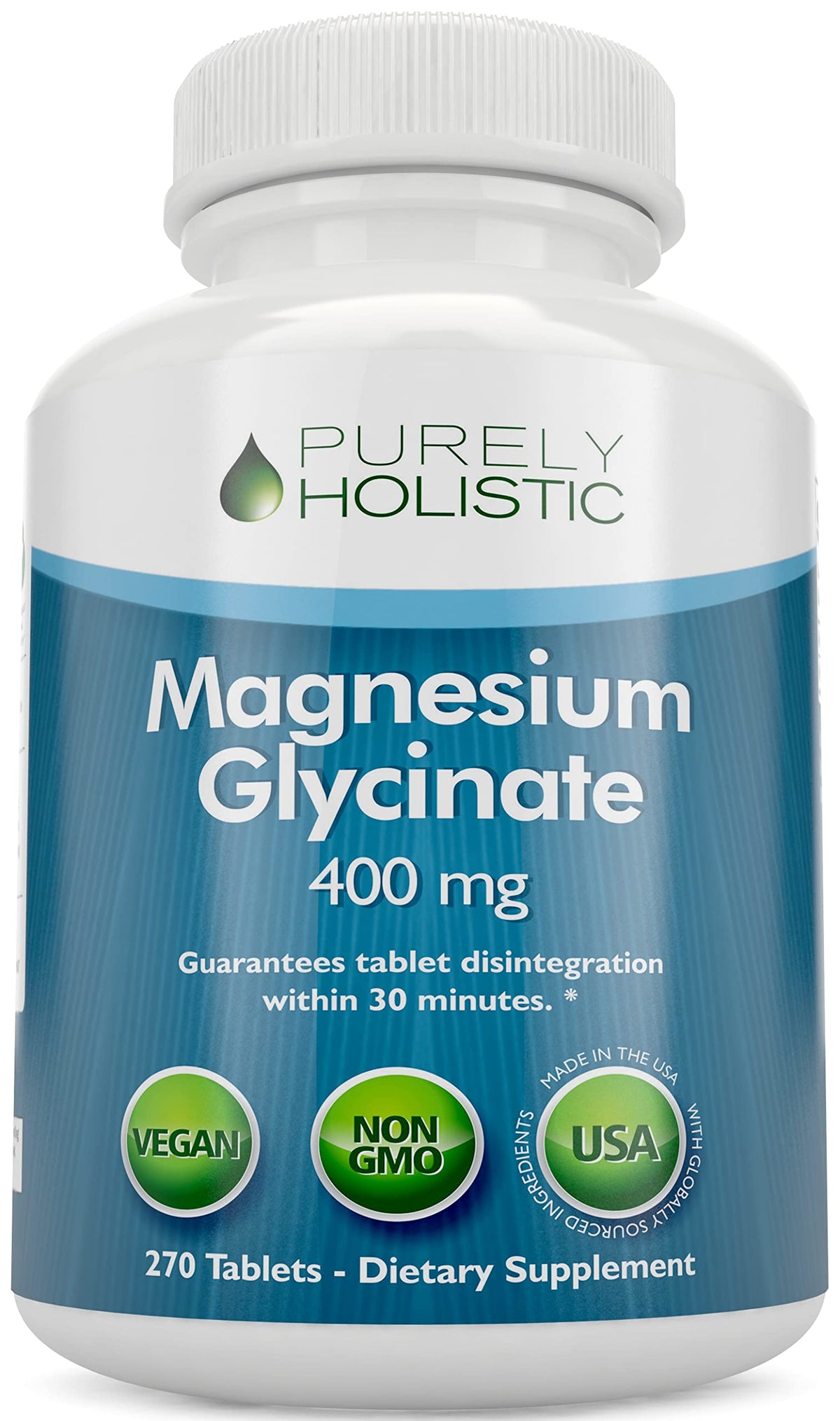 Purely Holistic Magnésium Glycinate 400 mg, bouteille de tablettes – soutien potentiel au sommeil