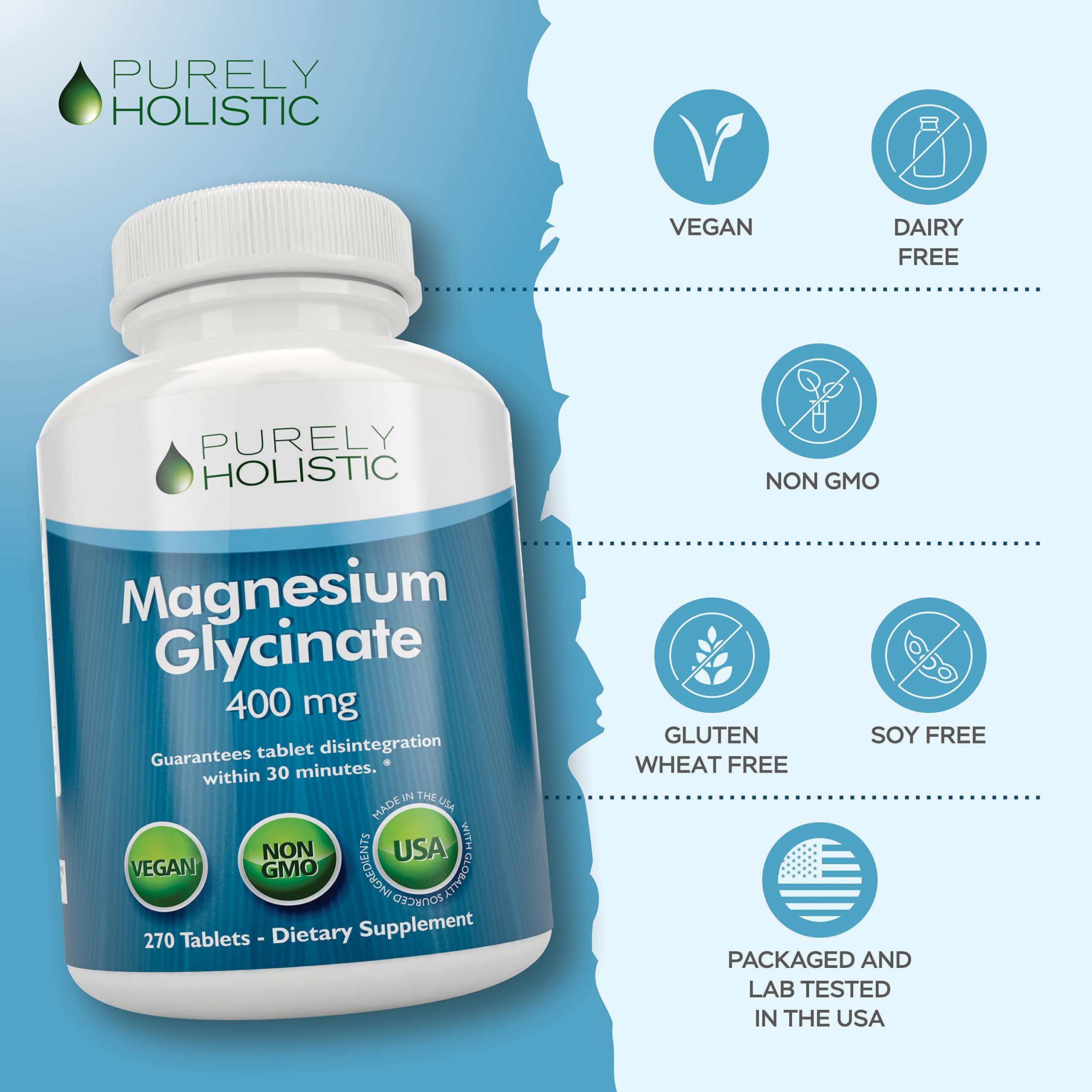 Purely Holistic Magnésium Glycinate 400 mg, étiquette lisible – sans OGM