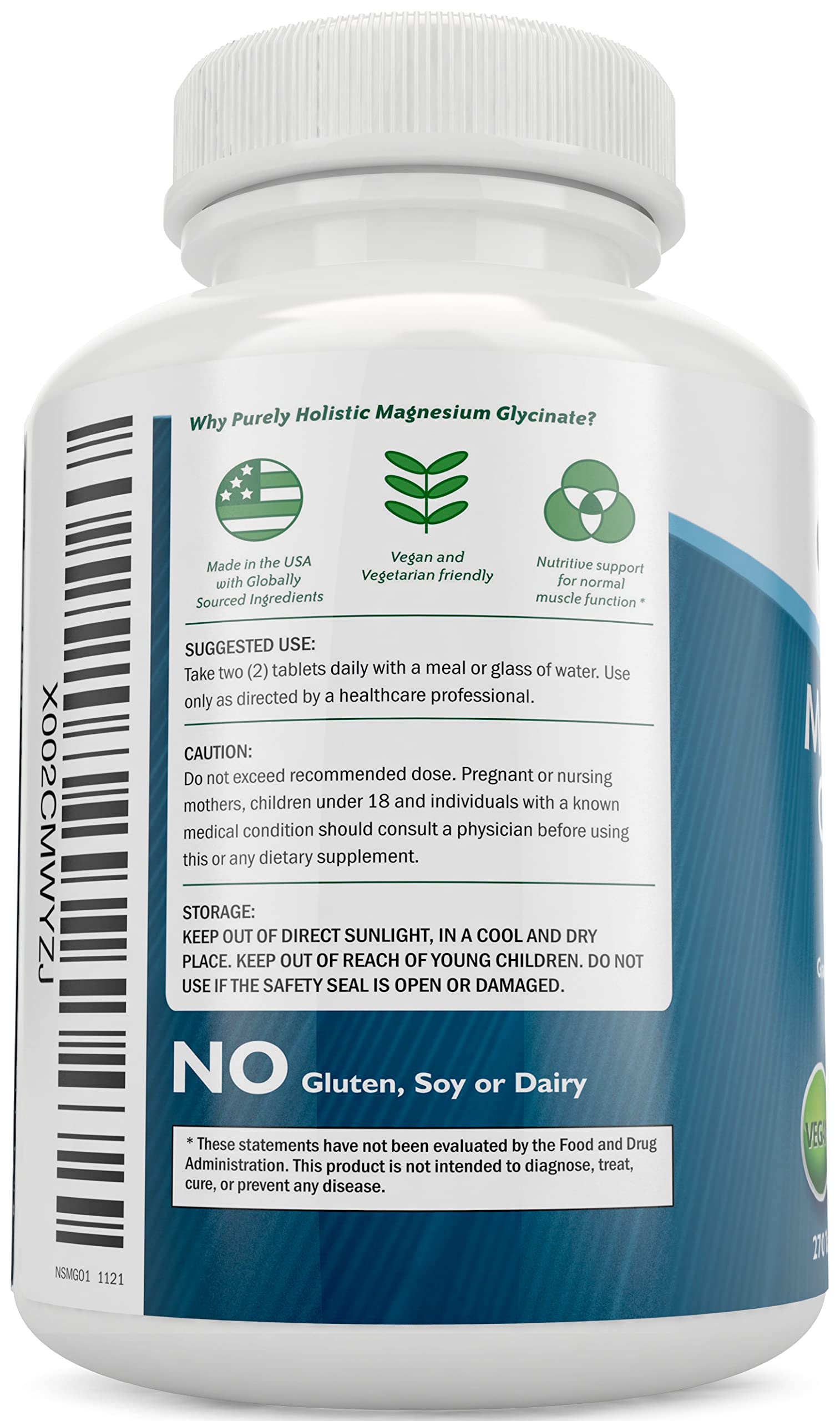 Purely Holistic Magnésium Glycinate 400 mg, close-up tablette – absorption potentielle élevée