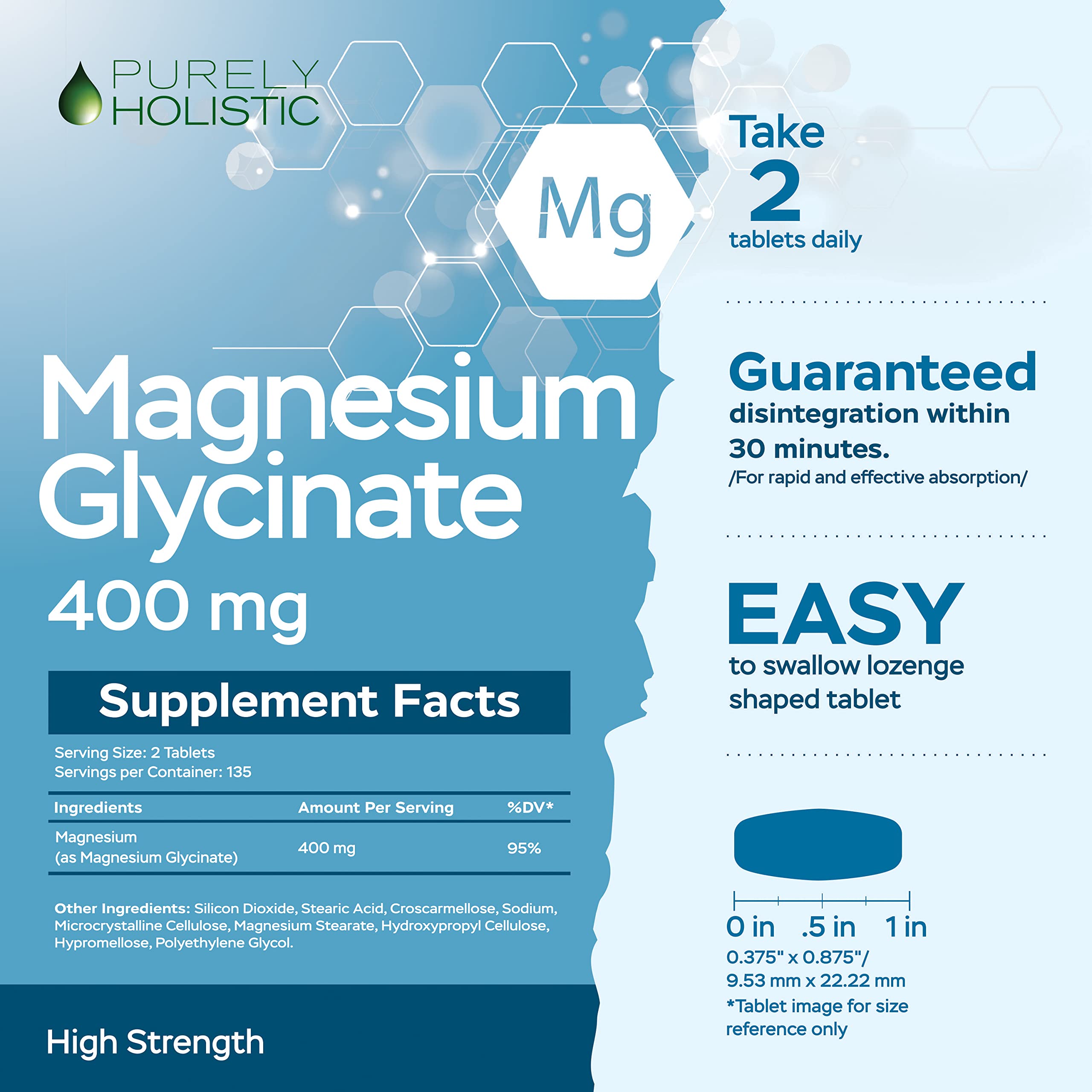 Purely Holistic Magnésium Glycinate 400 mg, tablettes vegan – sans lactose