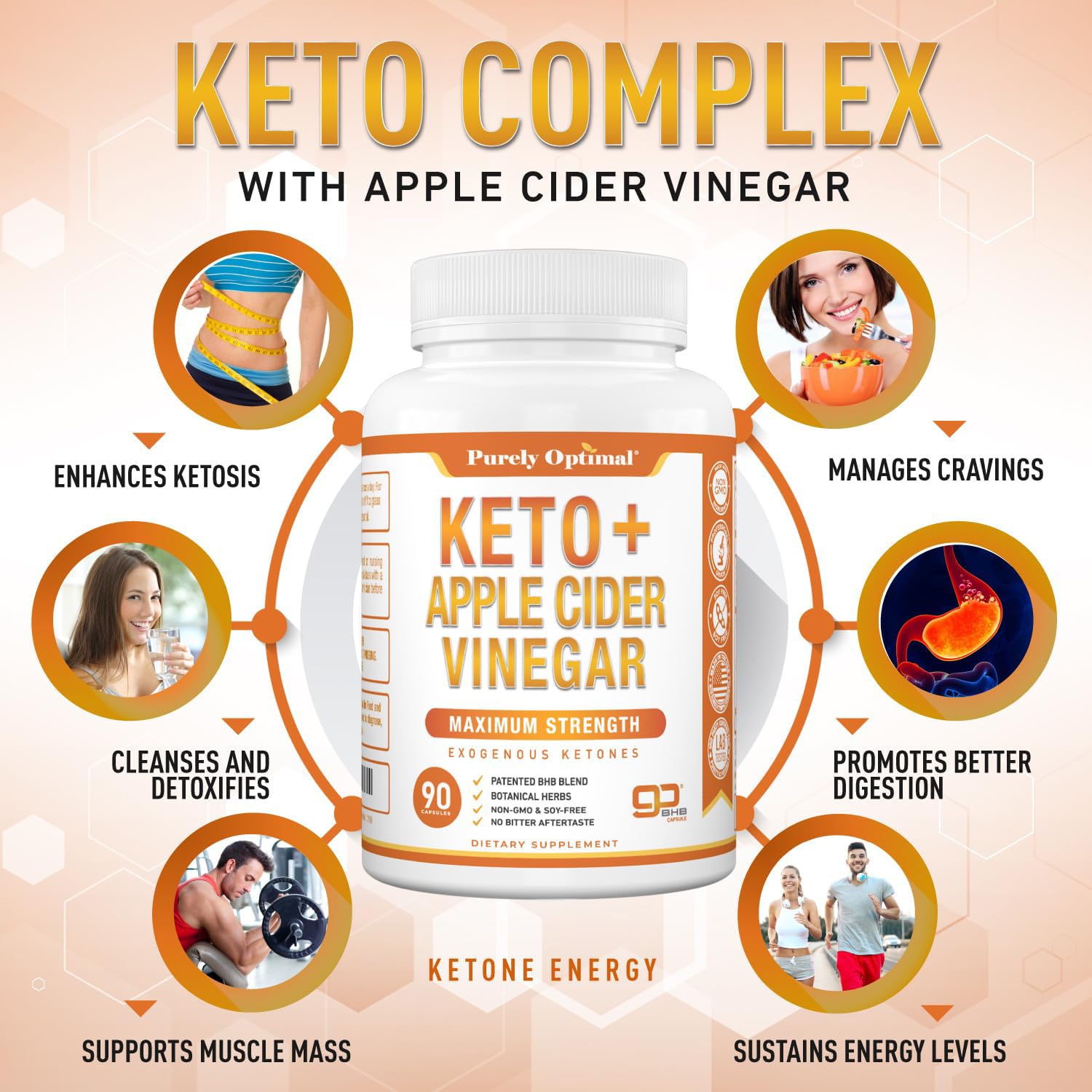 Purely Optimal Keto BHB-ACV, capsules visibles indiquant une source exogène d'énergie.