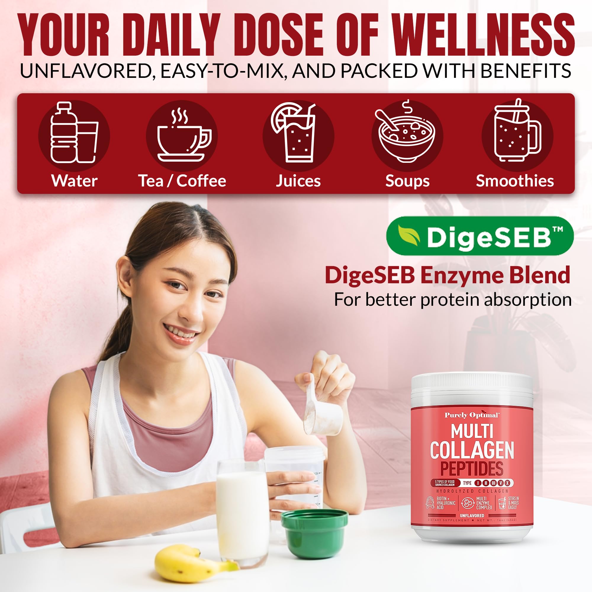 Poudre sans goût Purely Optimal Collagen se mélange sans grumeaux