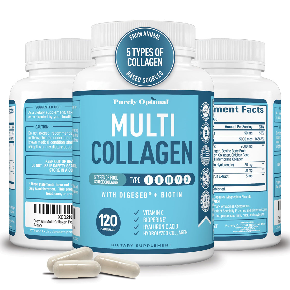 Purely Optimal Collagène Multi - Bouteille: complément pratique pour peau, cheveux et ongles.