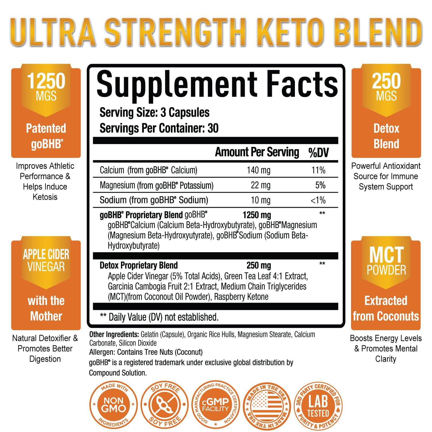 Purely Optimal Keto BHB-ACV, étiquette claire présentant les ingrédients naturels.