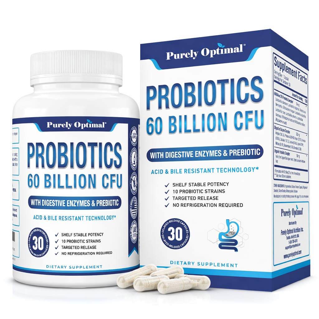 Purely Optimal Probiotiques 60 Milliards CFU, bouteille à libération retardée, soutien digestion